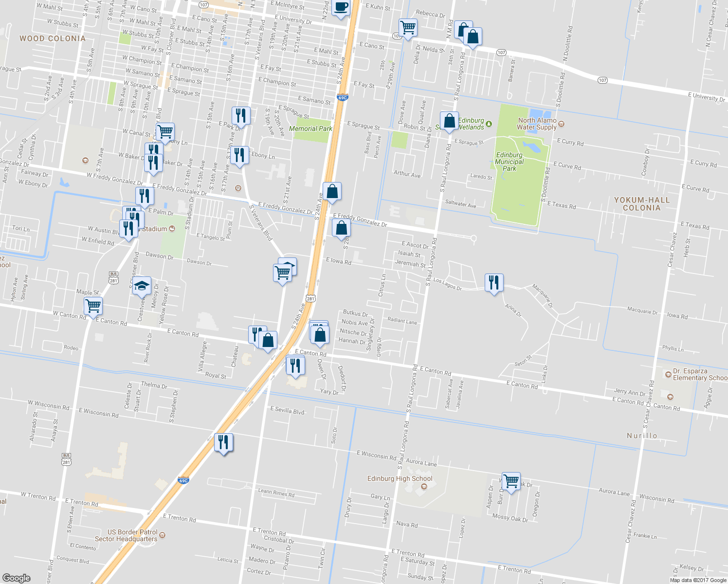 map of restaurants, bars, coffee shops, grocery stores, and more near 2004 Cypress Drive in Edinburg