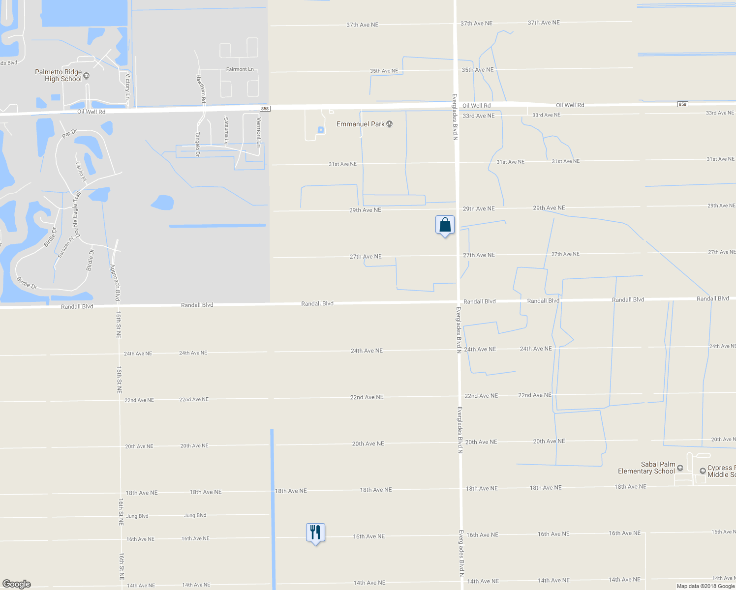 map of restaurants, bars, coffee shops, grocery stores, and more near 2715 Randall Boulevard in Naples