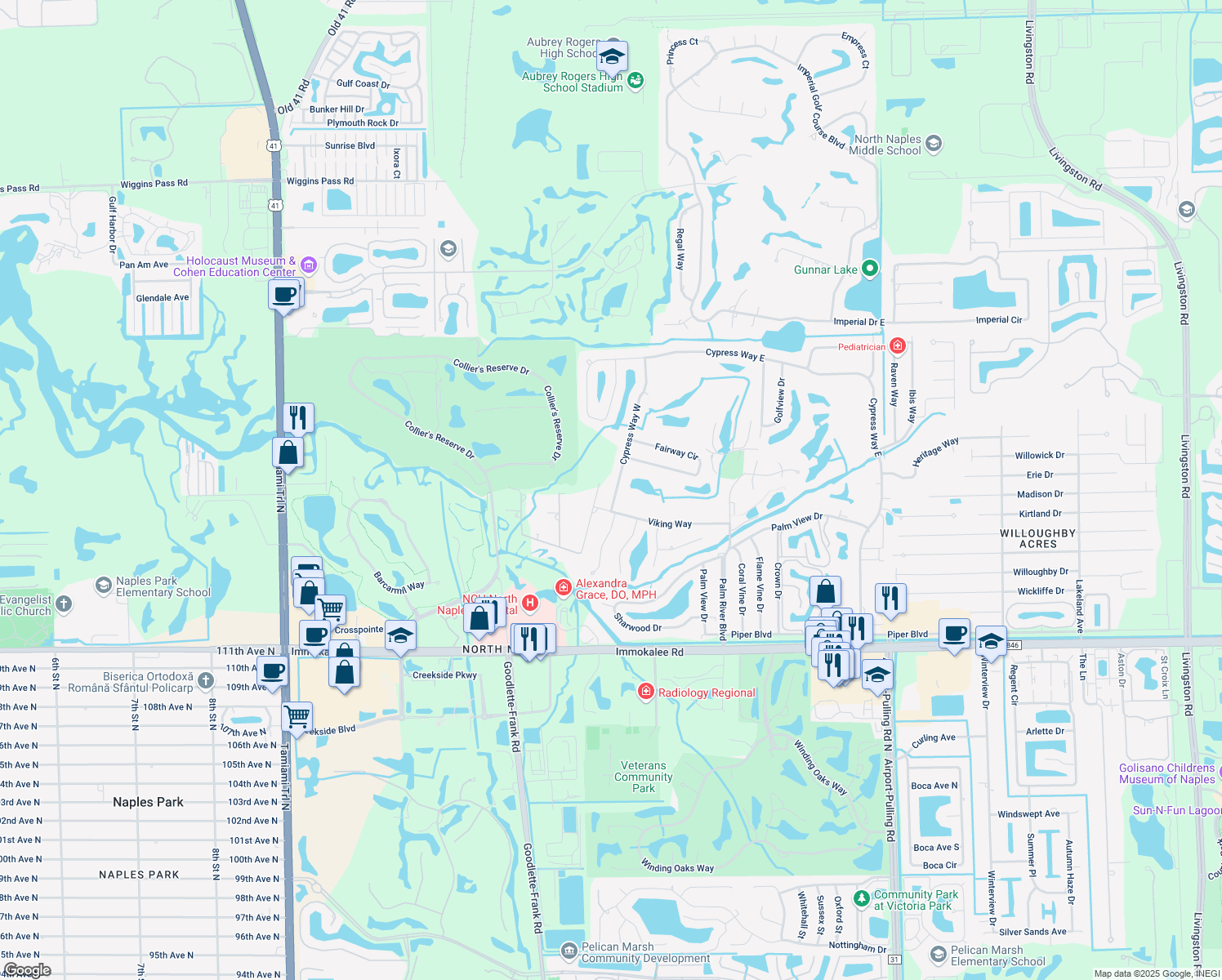 map of restaurants, bars, coffee shops, grocery stores, and more near 227 Cypress Way West in Naples
