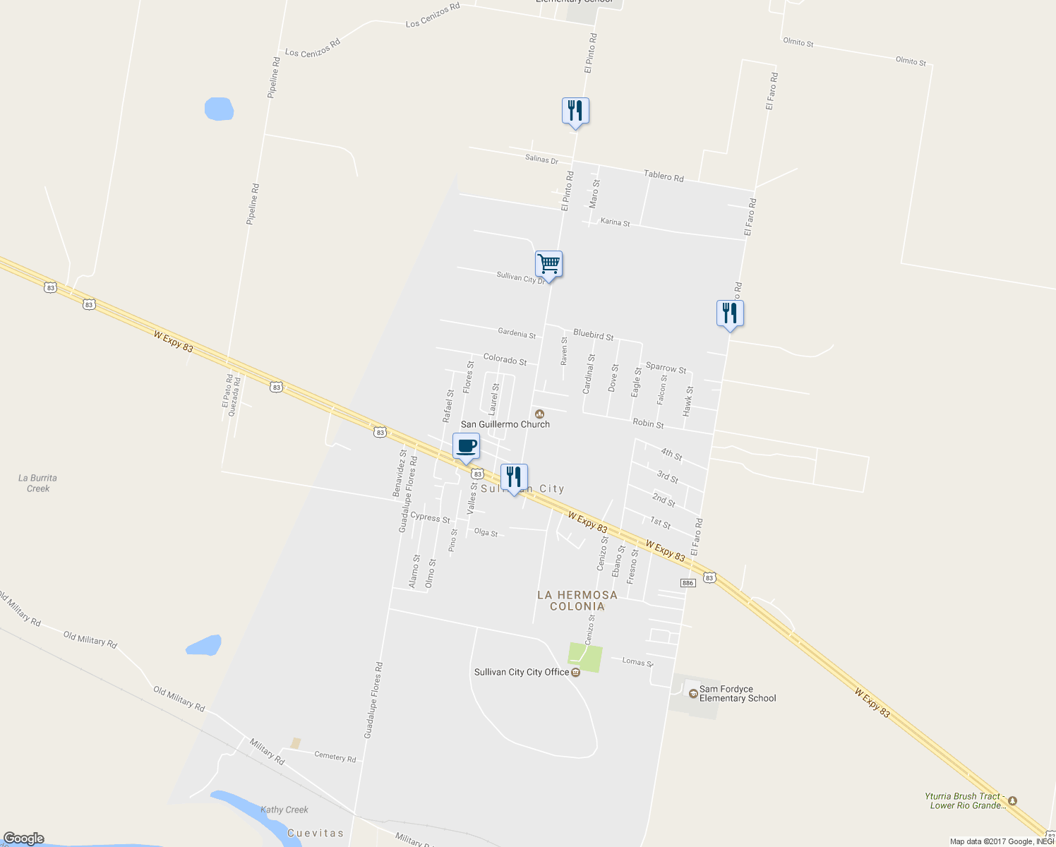 map of restaurants, bars, coffee shops, grocery stores, and more near 412 El Pinto Road in Sullivan City