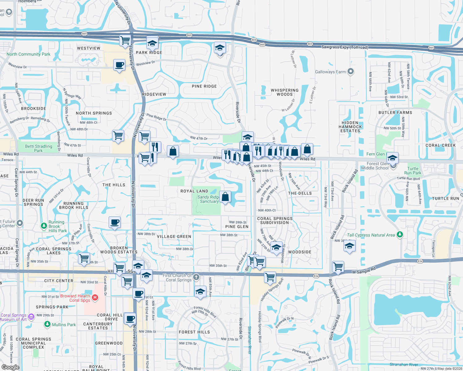 map of restaurants, bars, coffee shops, grocery stores, and more near 8307 Northwest 43rd Street in Coral Springs