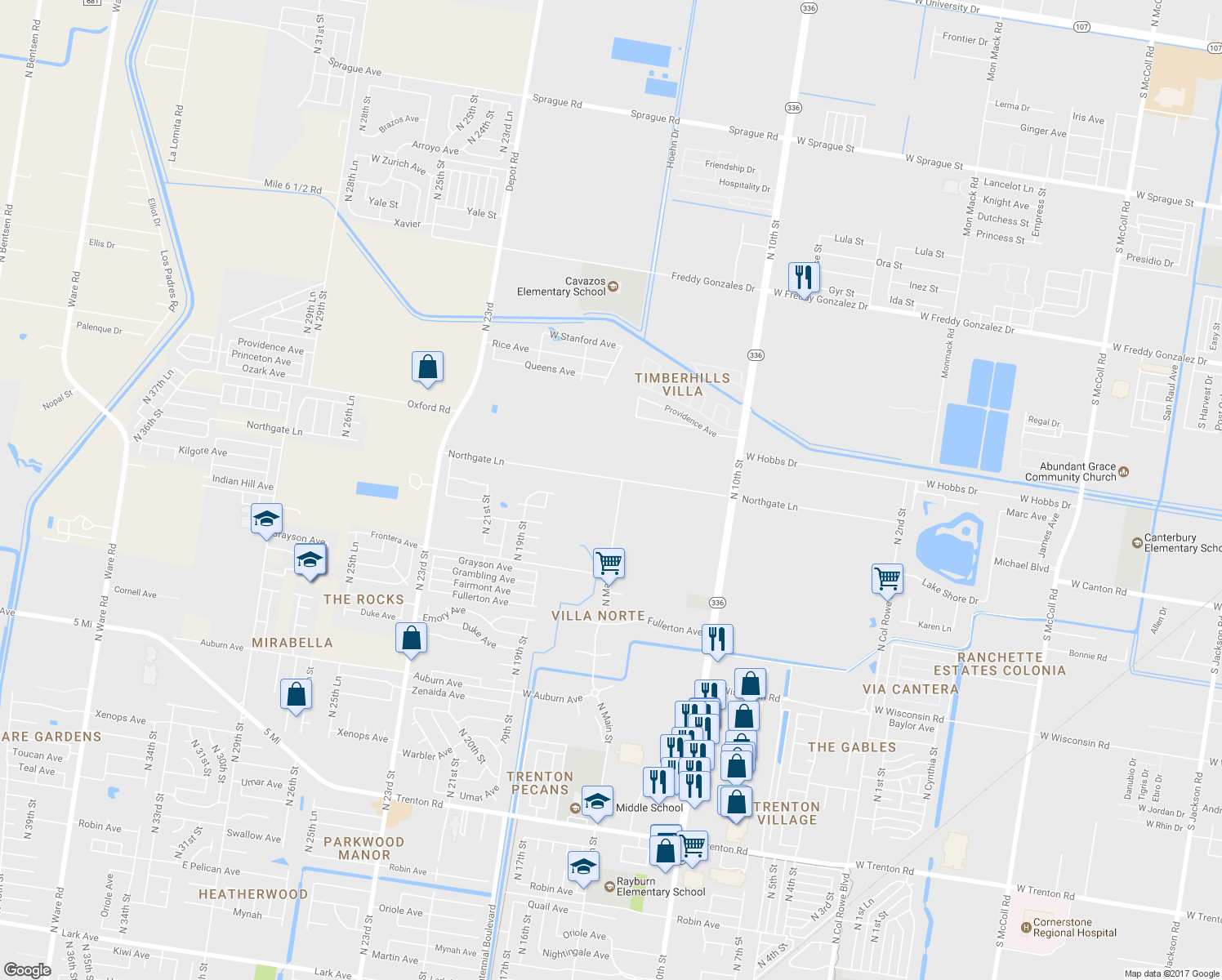map of restaurants, bars, coffee shops, grocery stores, and more near 1609 Northgate Lane in McAllen