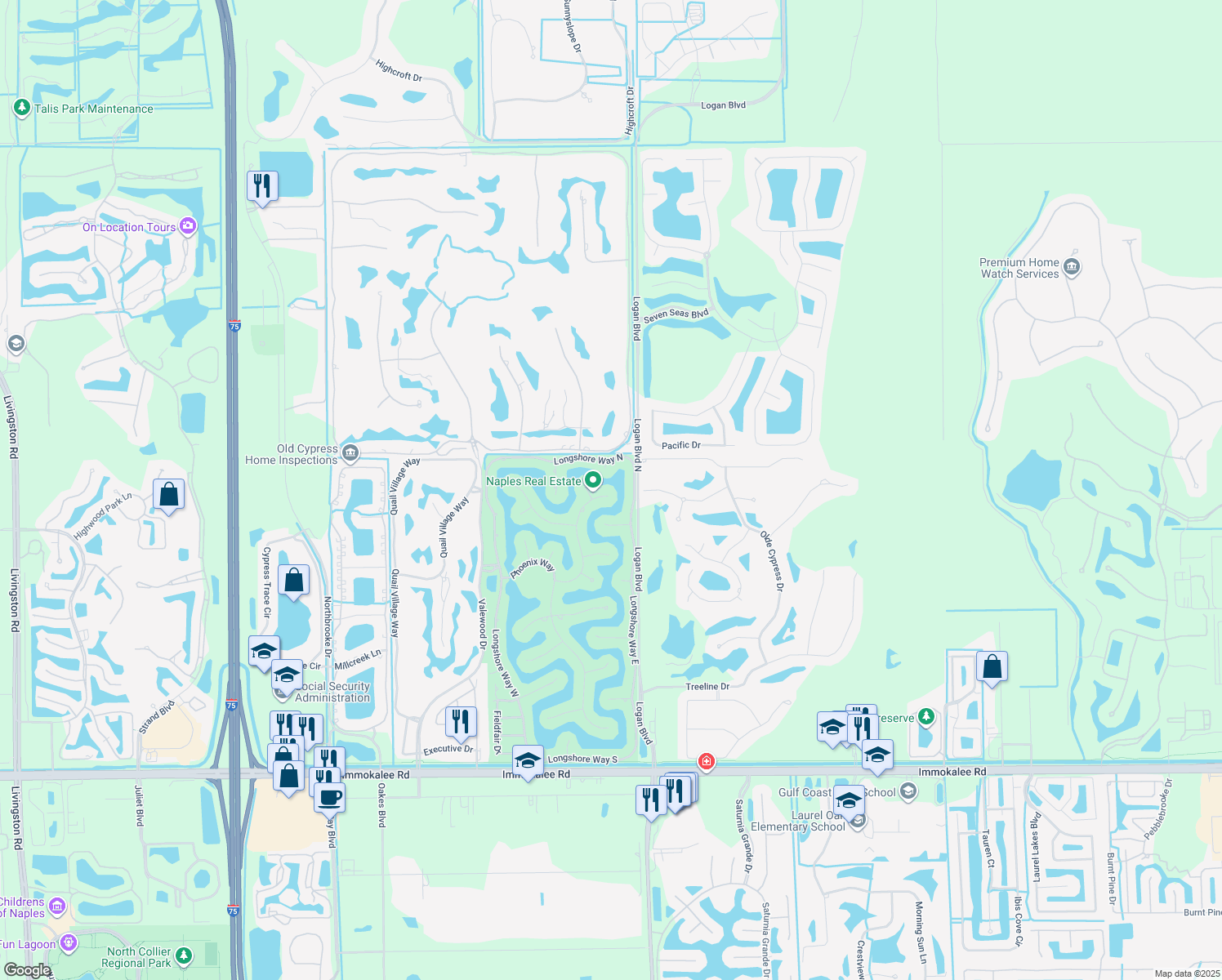 map of restaurants, bars, coffee shops, grocery stores, and more near 11831 Night Heron Drive in Naples