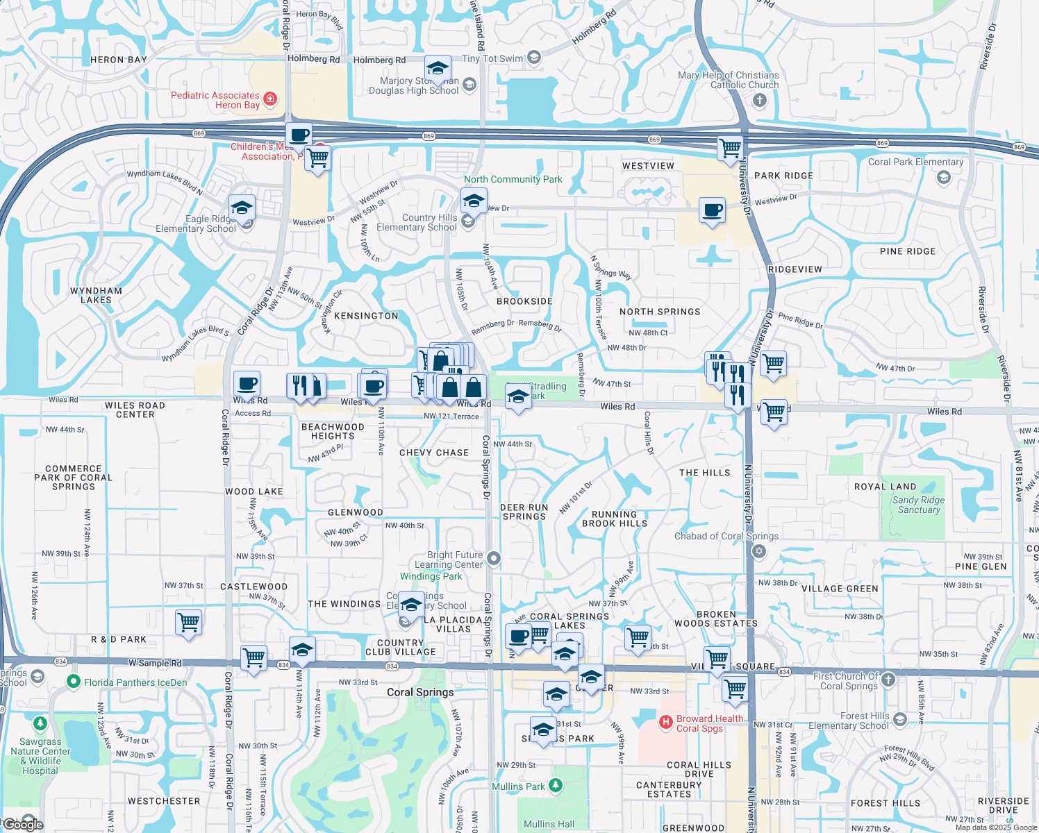 map of restaurants, bars, coffee shops, grocery stores, and more near 10300 Wiles Road in Coral Springs