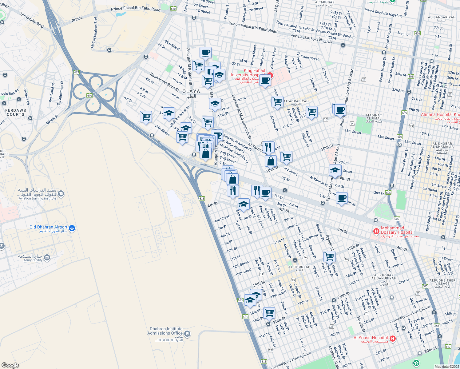 map of restaurants, bars, coffee shops, grocery stores, and more near Custodian of The Two Holy Mosques Road in Al Khobar