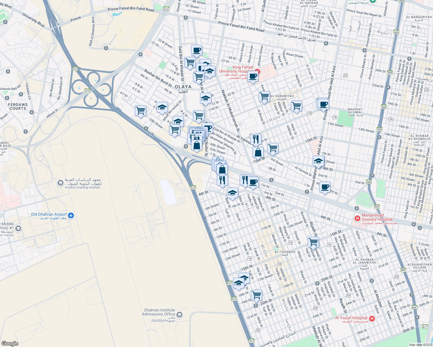 map of restaurants, bars, coffee shops, grocery stores, and more near Custodian of The Two Holy Mosques Road in Al Khobar