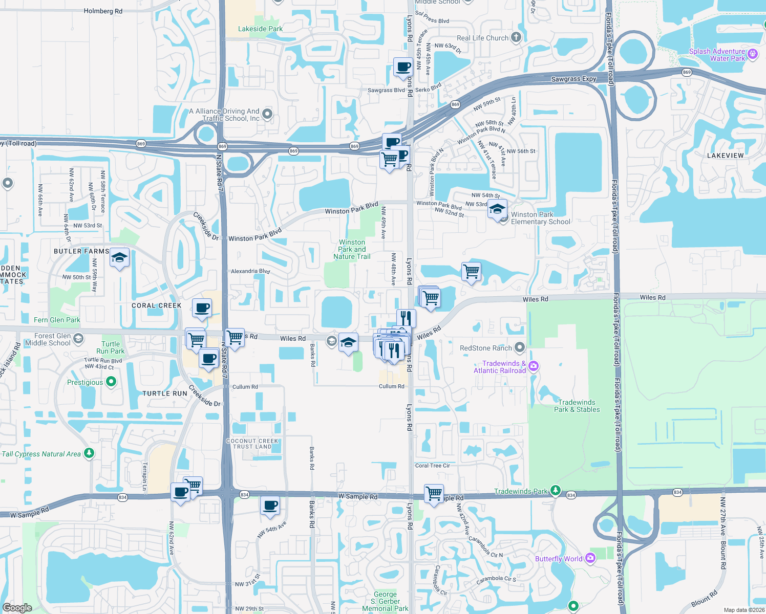 map of restaurants, bars, coffee shops, grocery stores, and more near 4776 Lago Vista Drive in Coconut Creek