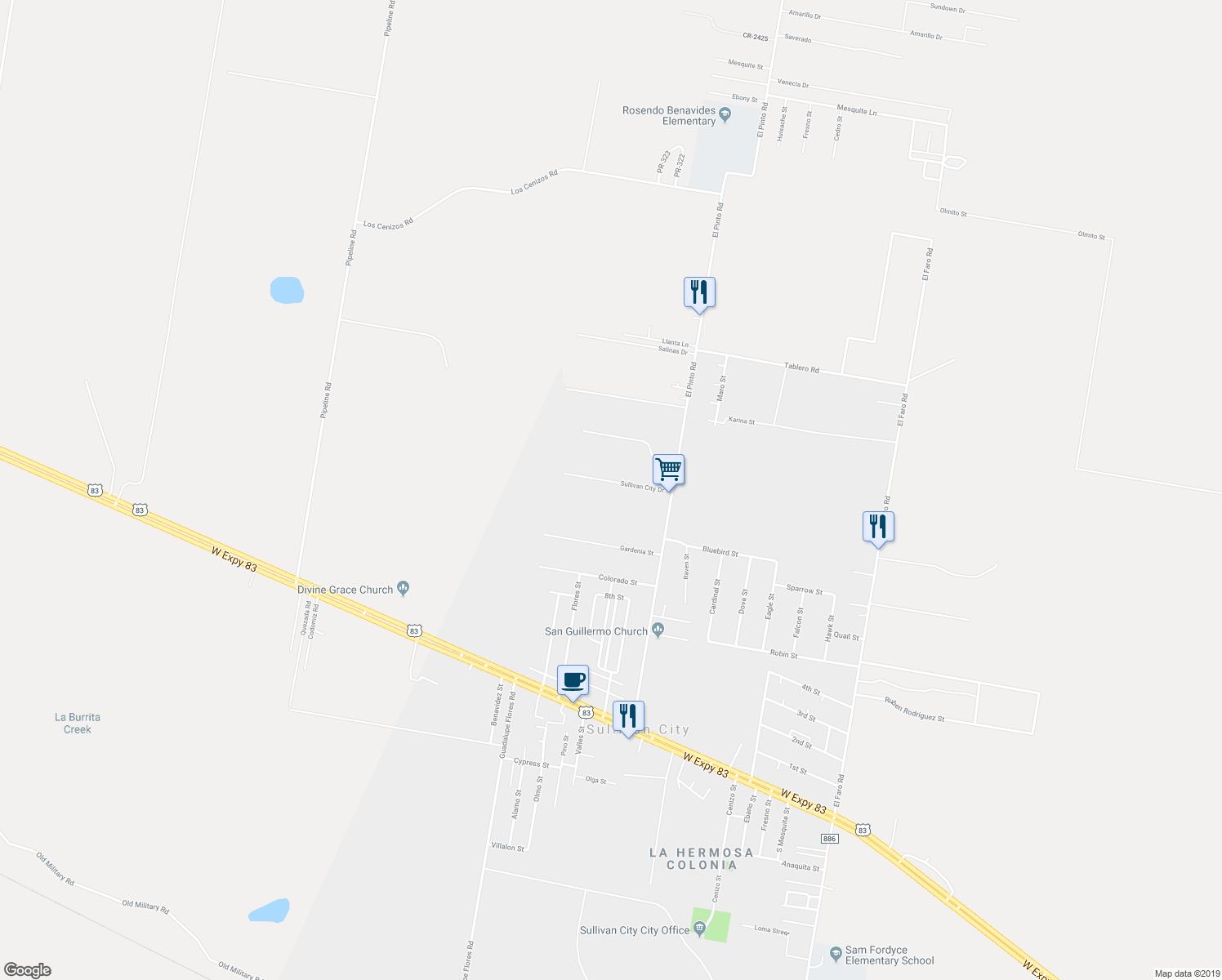 map of restaurants, bars, coffee shops, grocery stores, and more near 317 Sullivan City Drive in Sullivan City