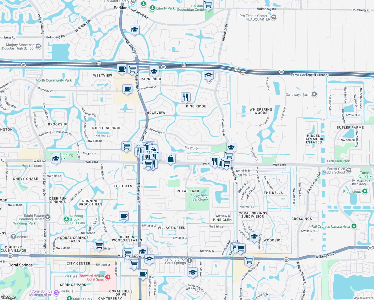 map of restaurants, bars, coffee shops, grocery stores, and more near 8644 Northwest 47th Drive in Coral Springs