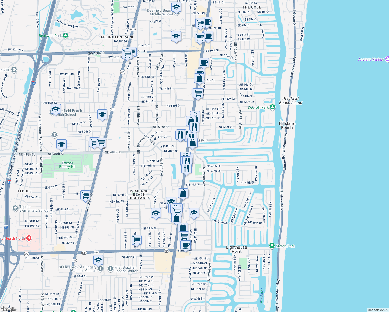 map of restaurants, bars, coffee shops, grocery stores, and more near 4771 Northeast 22nd Avenue in Lighthouse Point