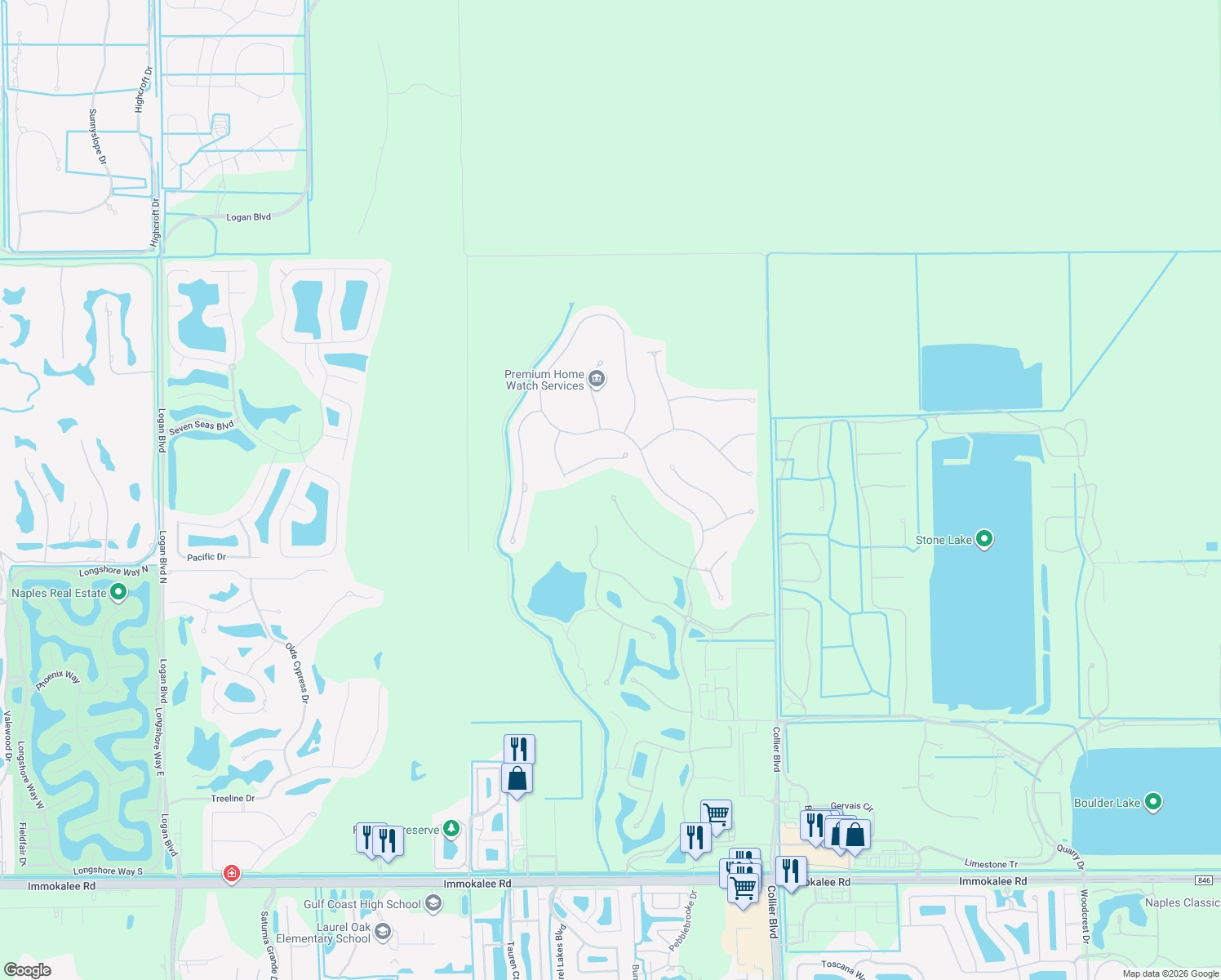 map of restaurants, bars, coffee shops, grocery stores, and more near 9001 Sorreno Court in Naples