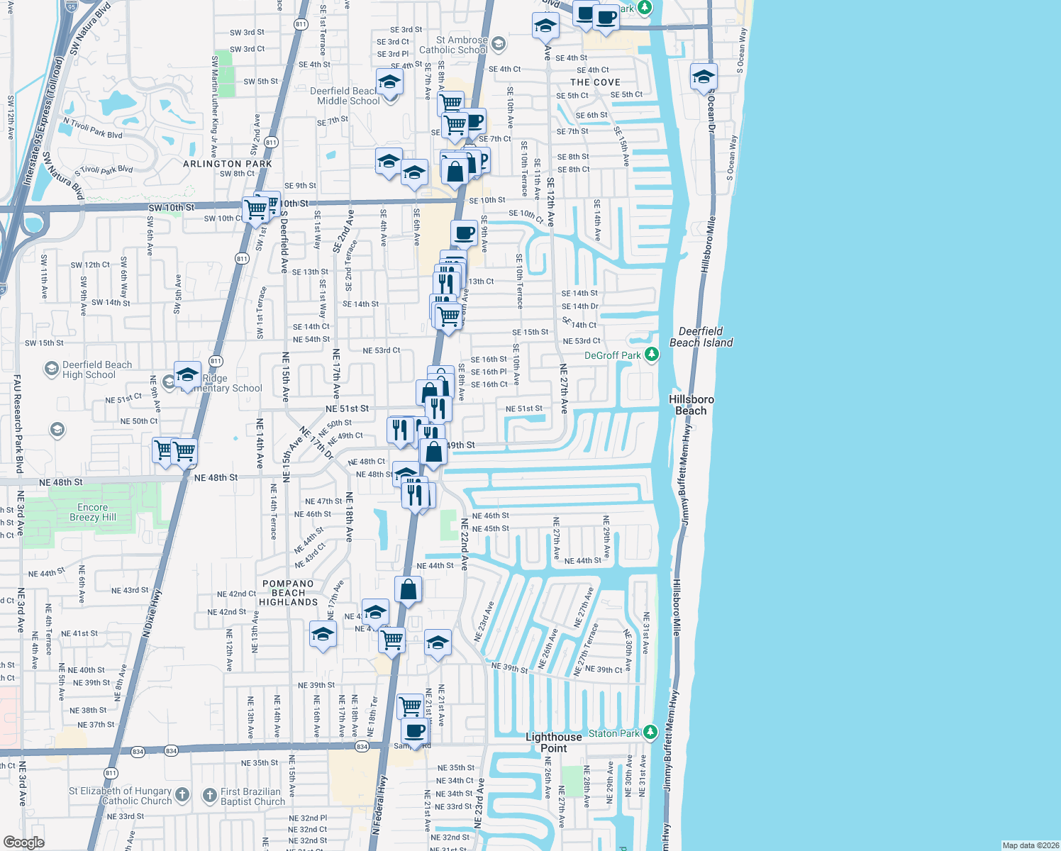 map of restaurants, bars, coffee shops, grocery stores, and more near 2581 Northeast 50th Street in Lighthouse Point
