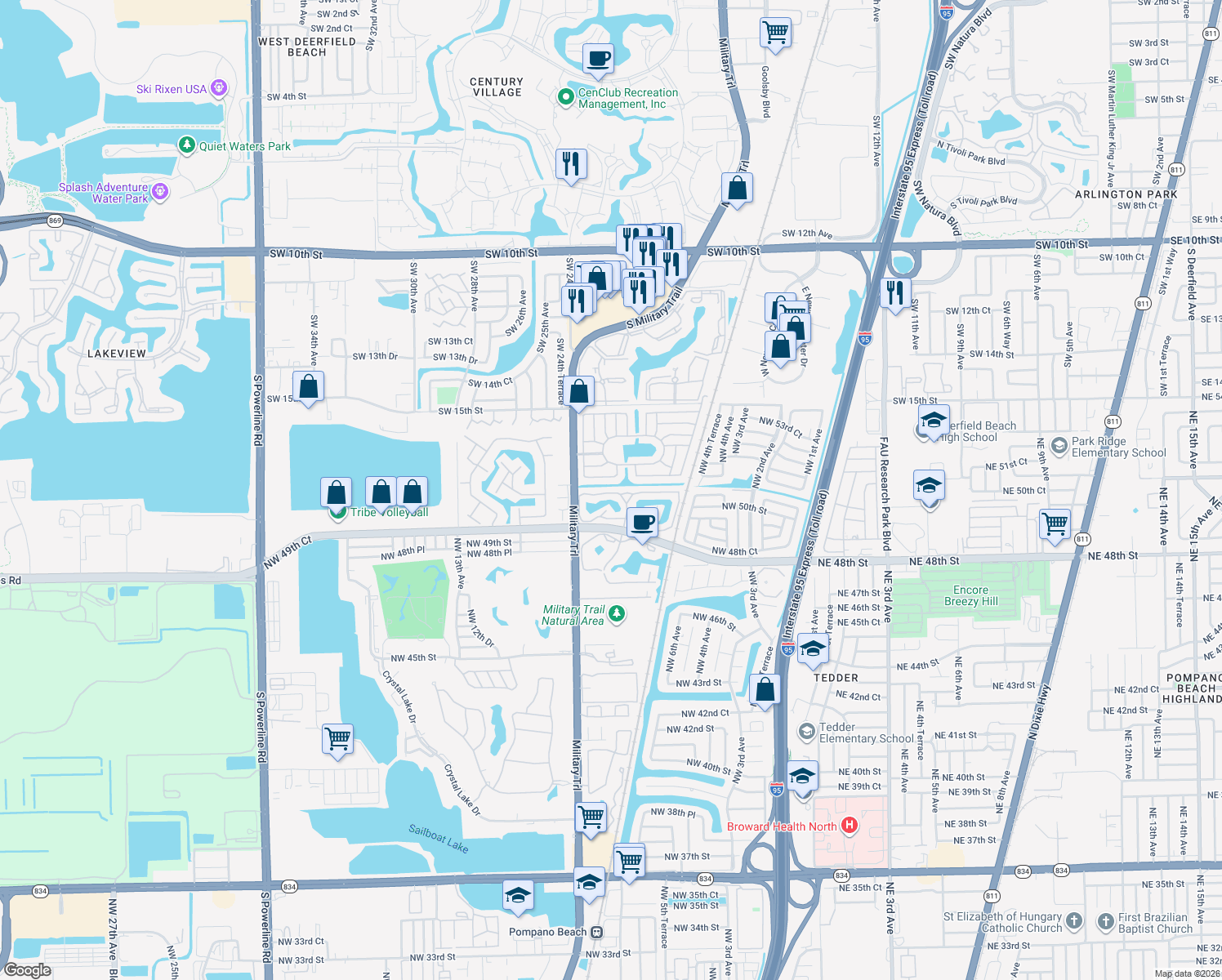 map of restaurants, bars, coffee shops, grocery stores, and more near 2253 Discovery Circle West in Deerfield Beach