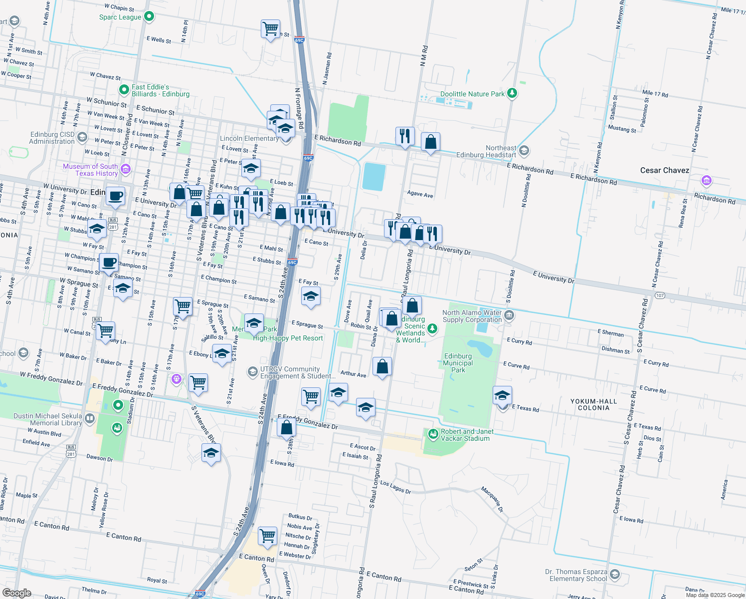 map of restaurants, bars, coffee shops, grocery stores, and more near 416 Quail Avenue in Edinburg