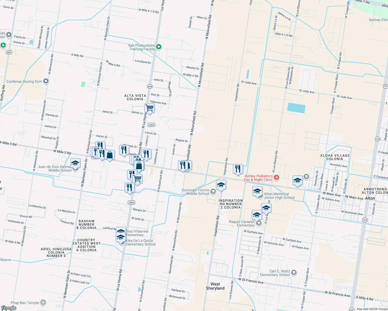 map of restaurants, bars, coffee shops, grocery stores, and more near 6470 North Moorfield Road in Mission