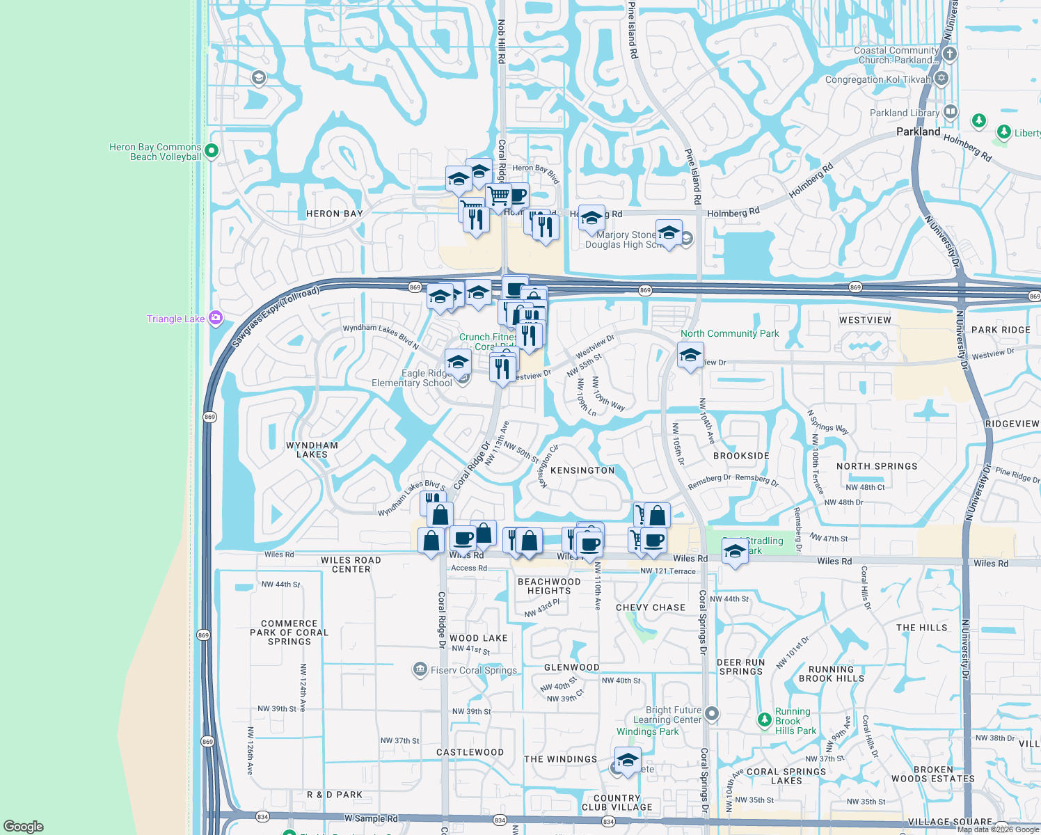 map of restaurants, bars, coffee shops, grocery stores, and more near 11257 Northwest 51st Street in Coral Springs