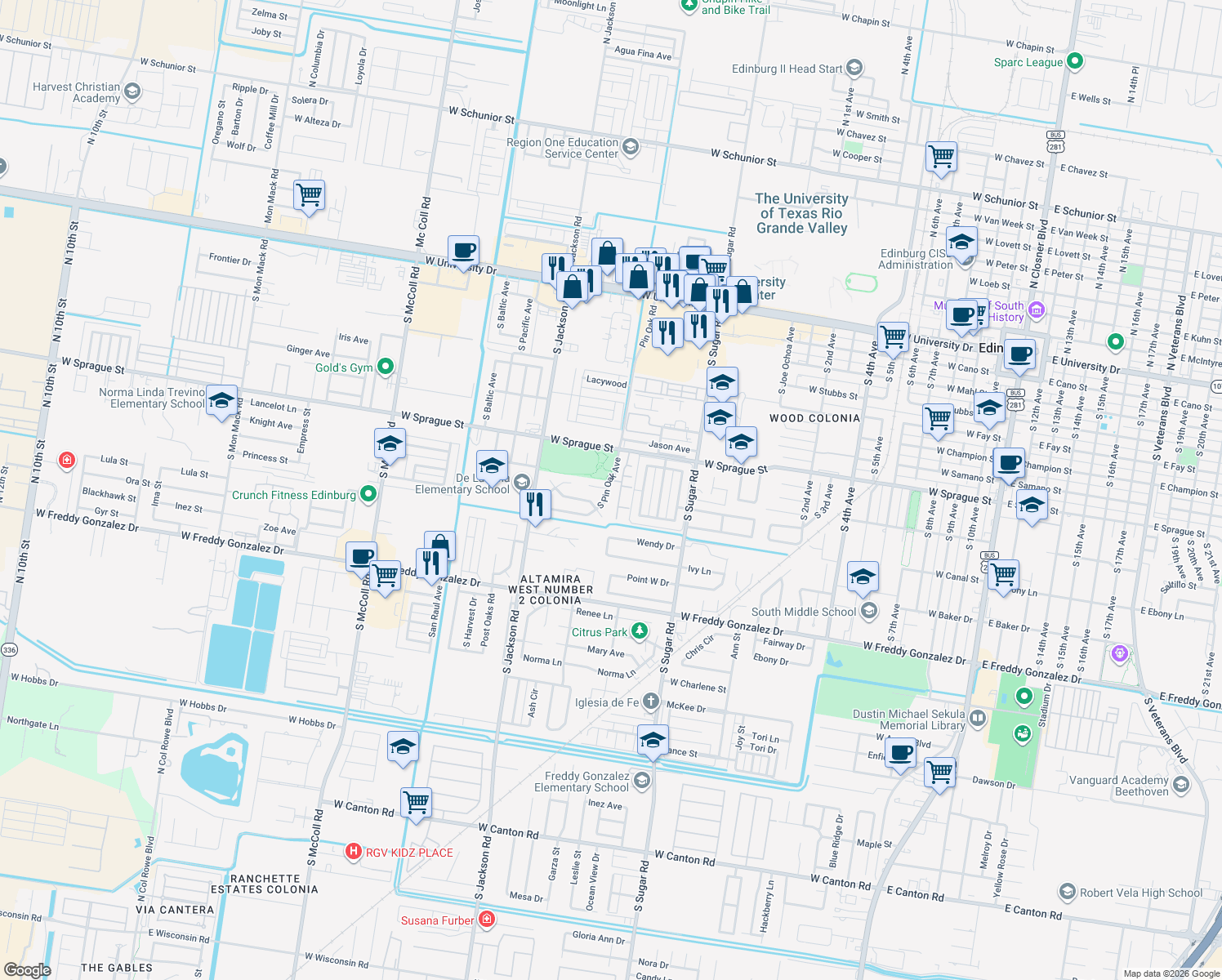 map of restaurants, bars, coffee shops, grocery stores, and more near 1712 Pin Oak Rd in Edinburg