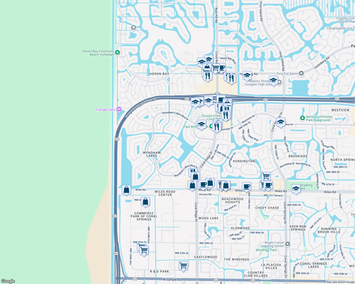 map of restaurants, bars, coffee shops, grocery stores, and more near 5037 Northwest 119th Terrace in Coral Springs