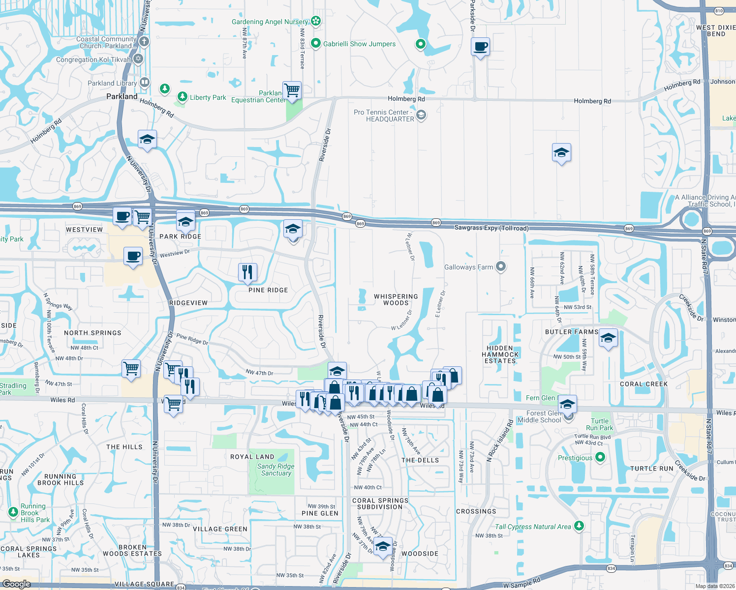 map of restaurants, bars, coffee shops, grocery stores, and more near 5235 Whisper Drive in Coral Springs