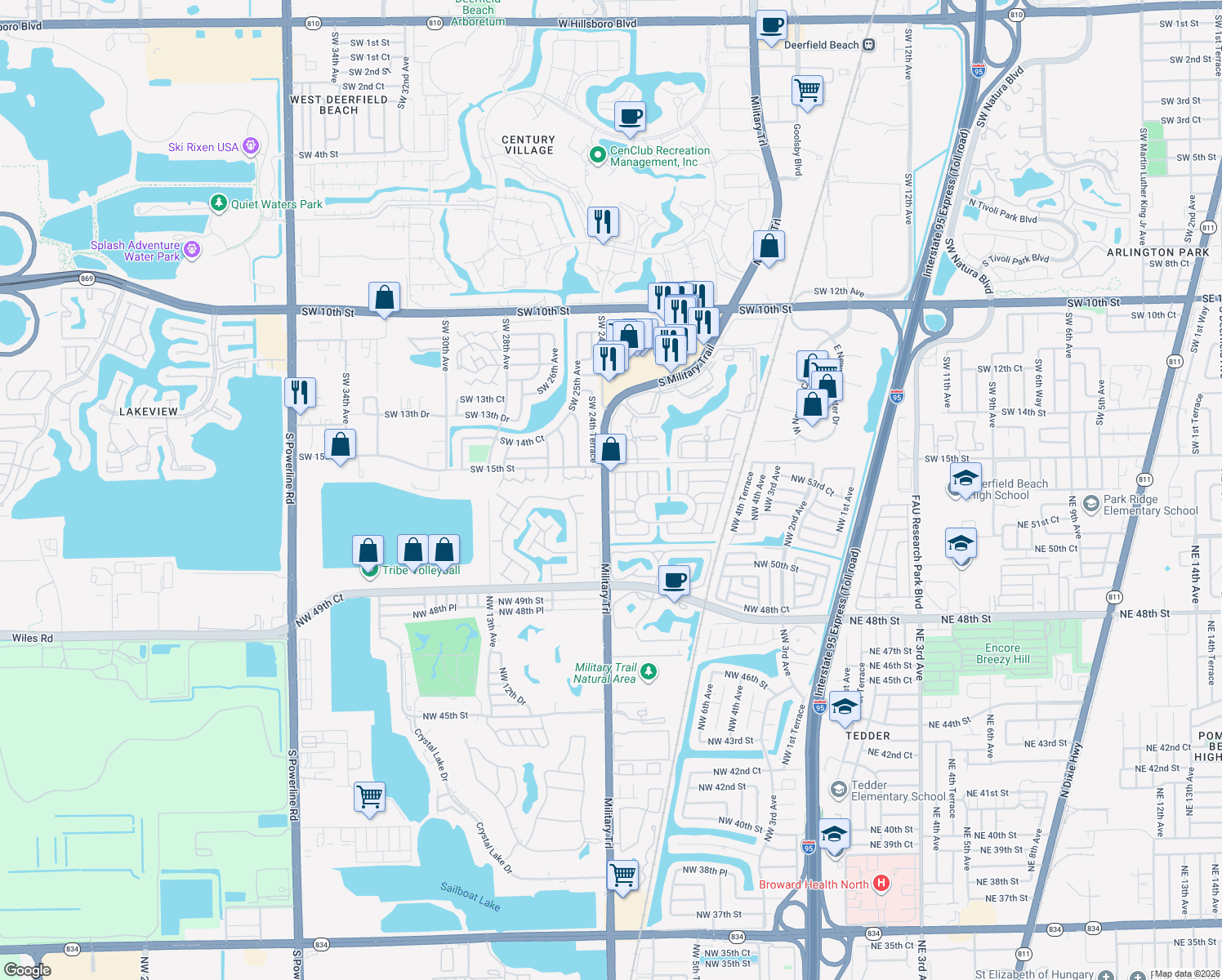 map of restaurants, bars, coffee shops, grocery stores, and more near 1591 Southwest 23rd Way in Deerfield Beach