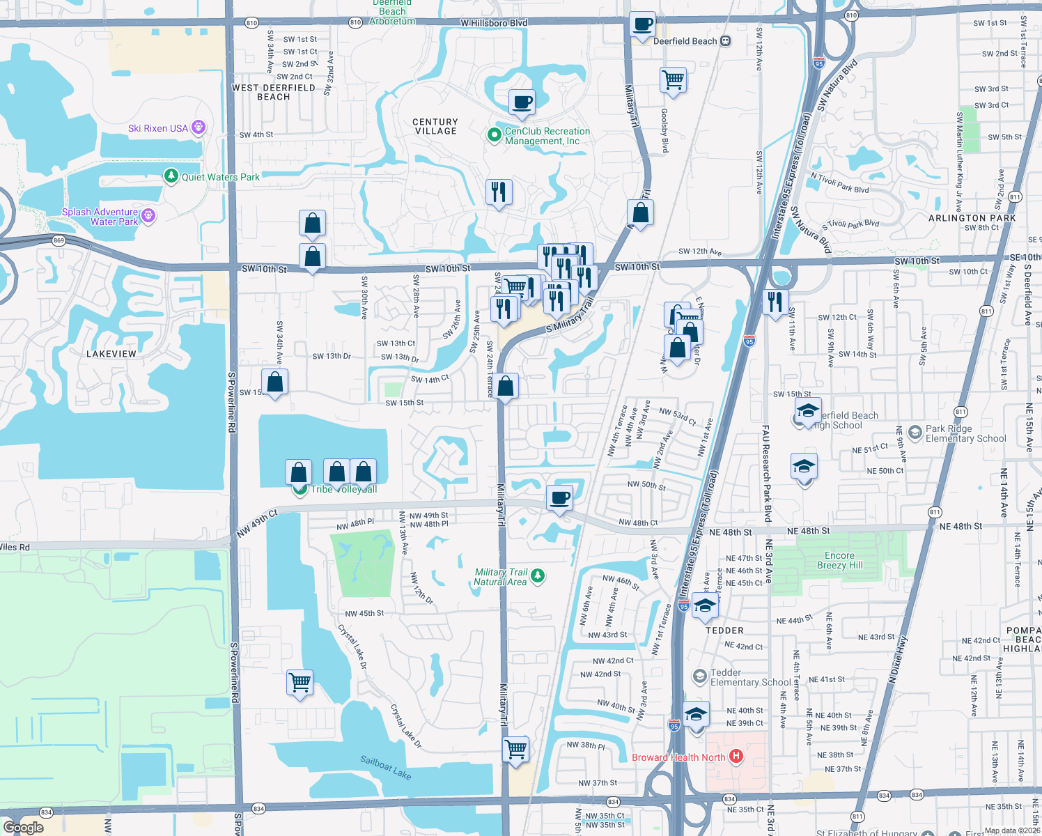 map of restaurants, bars, coffee shops, grocery stores, and more near 1572 Southwest 23rd Terrace in Deerfield Beach