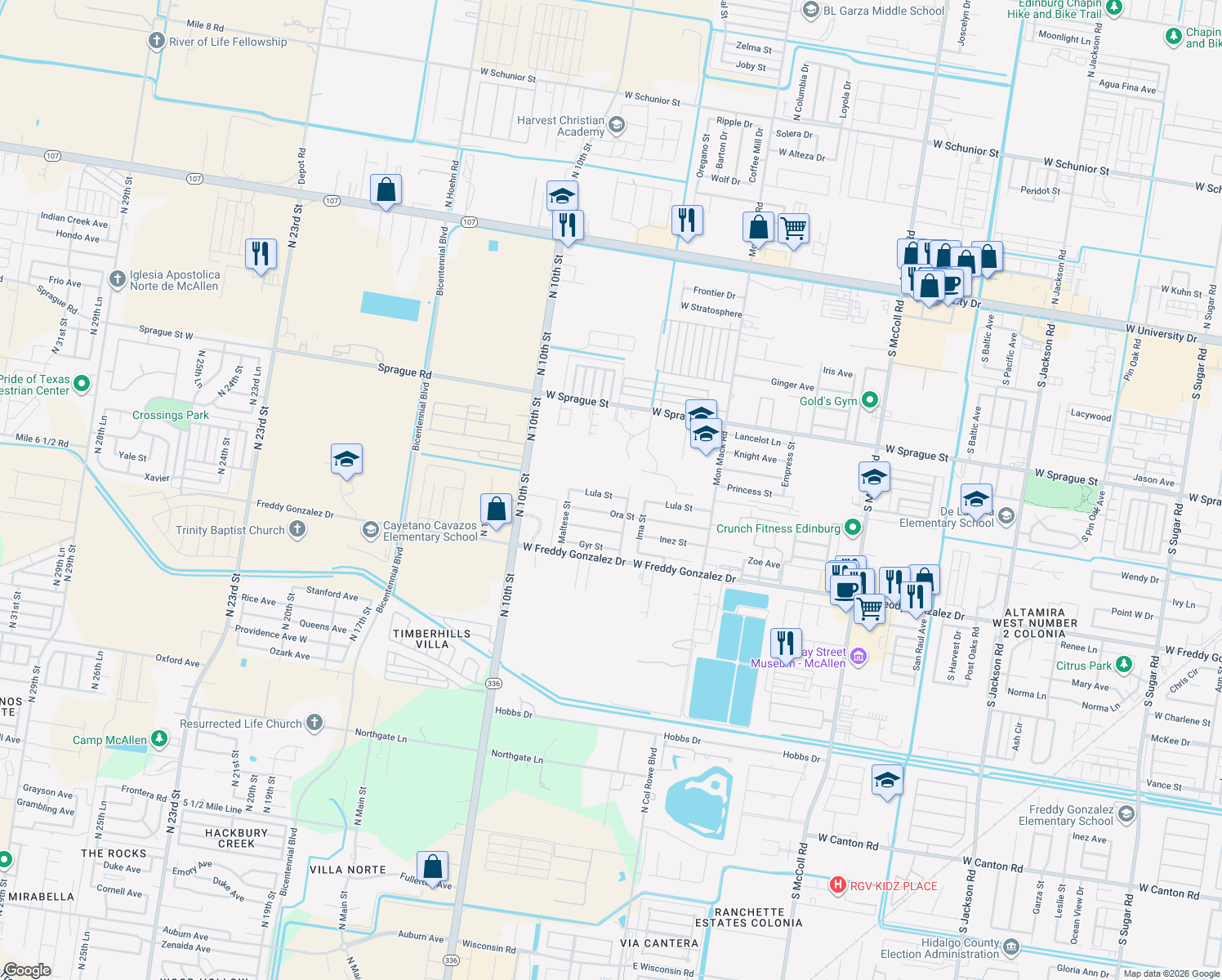 map of restaurants, bars, coffee shops, grocery stores, and more near 4019 Lula Street in Edinburg