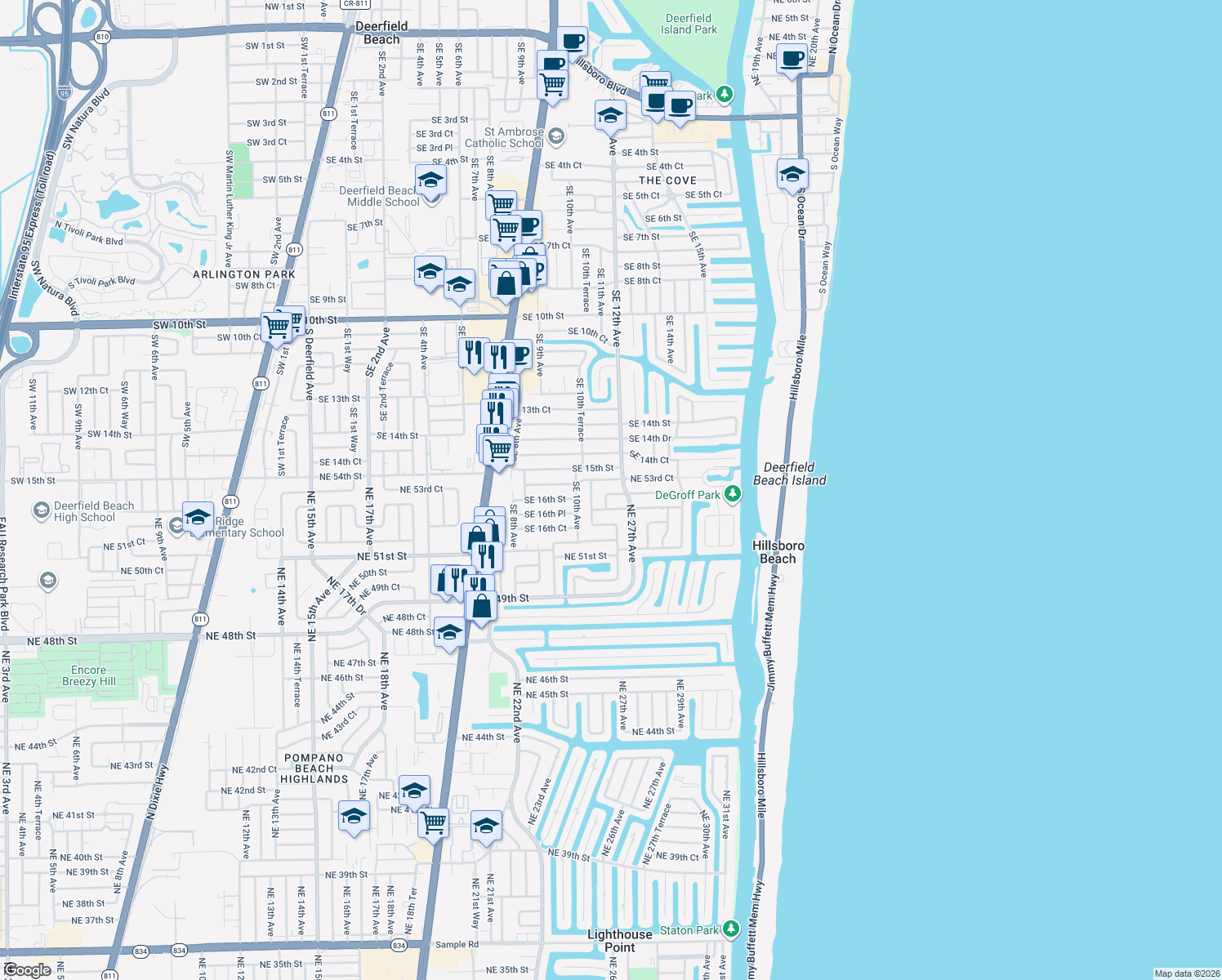 map of restaurants, bars, coffee shops, grocery stores, and more near 2611 Northeast 53rd Street in Lighthouse Point