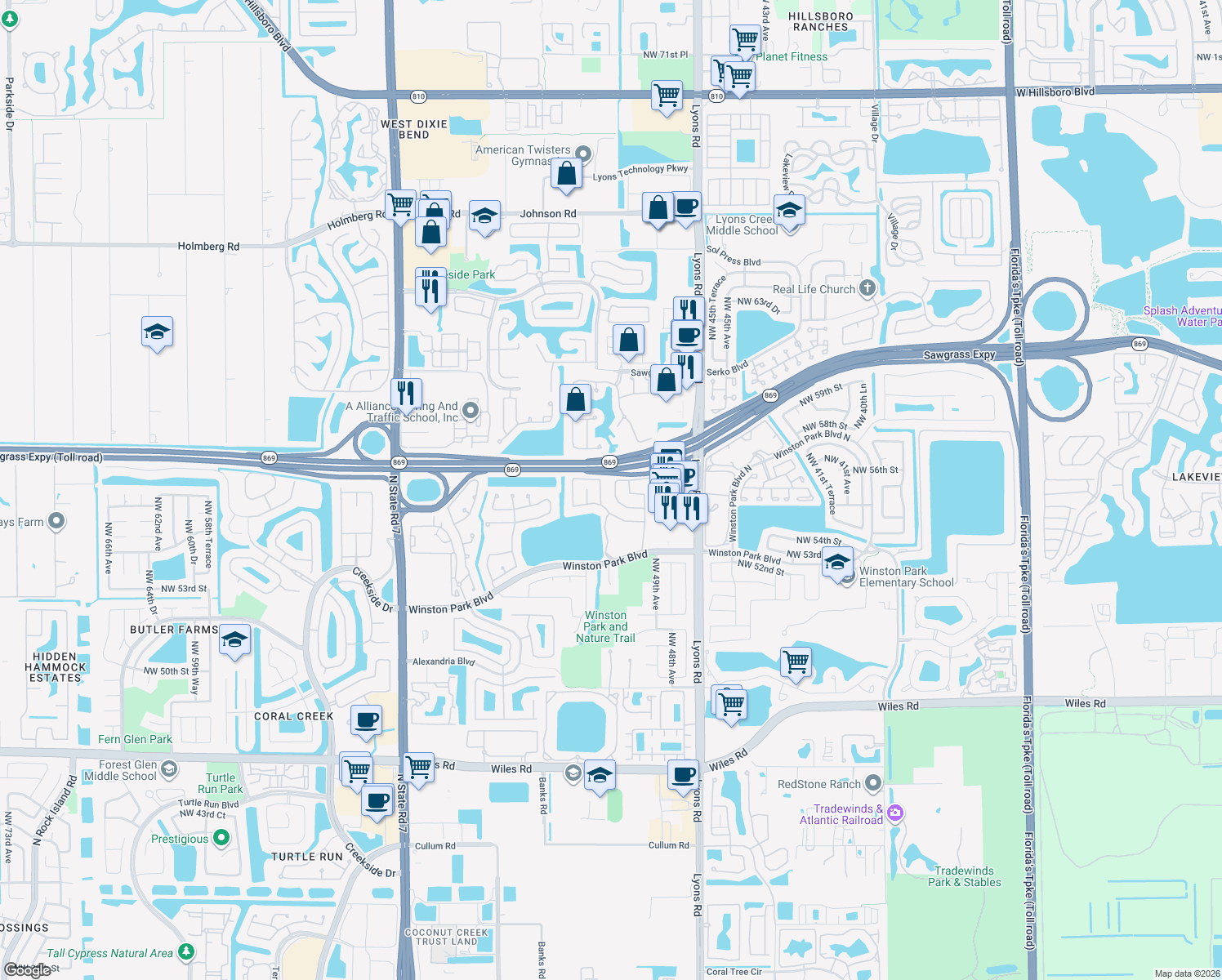 map of restaurants, bars, coffee shops, grocery stores, and more near 5531 Northwest 49th Way in Coconut Creek