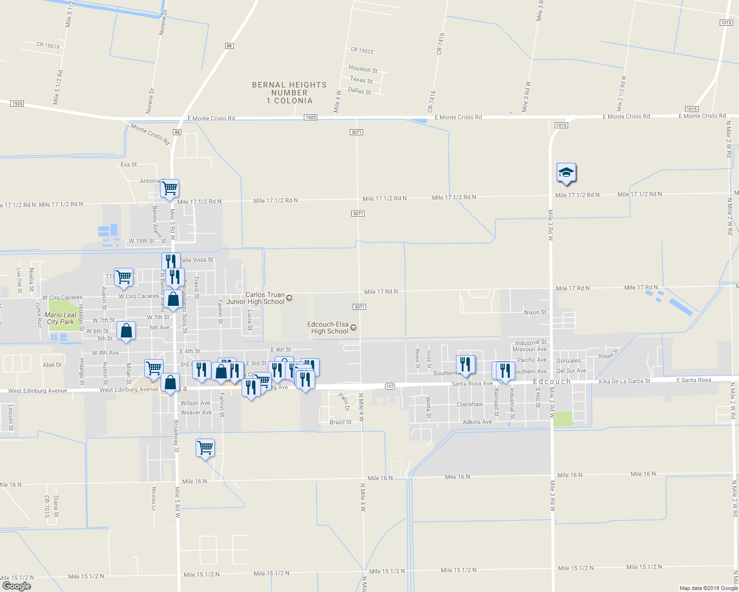 map of restaurants, bars, coffee shops, grocery stores, and more near 7981 Mile 17 Rd N in Edcouch