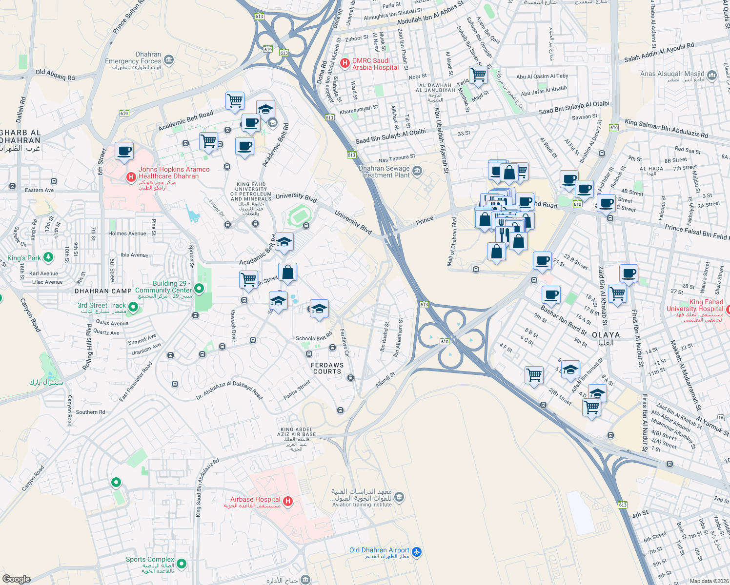 map of restaurants, bars, coffee shops, grocery stores, and more near Dhahran Techno Valley Road in Dhahran