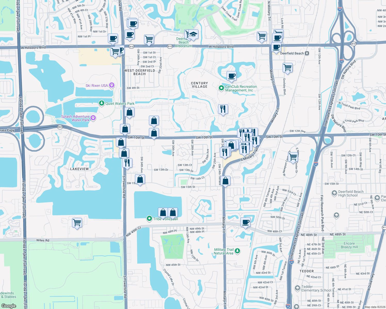map of restaurants, bars, coffee shops, grocery stores, and more near 2938 Southwest 12th Street in Deerfield Beach