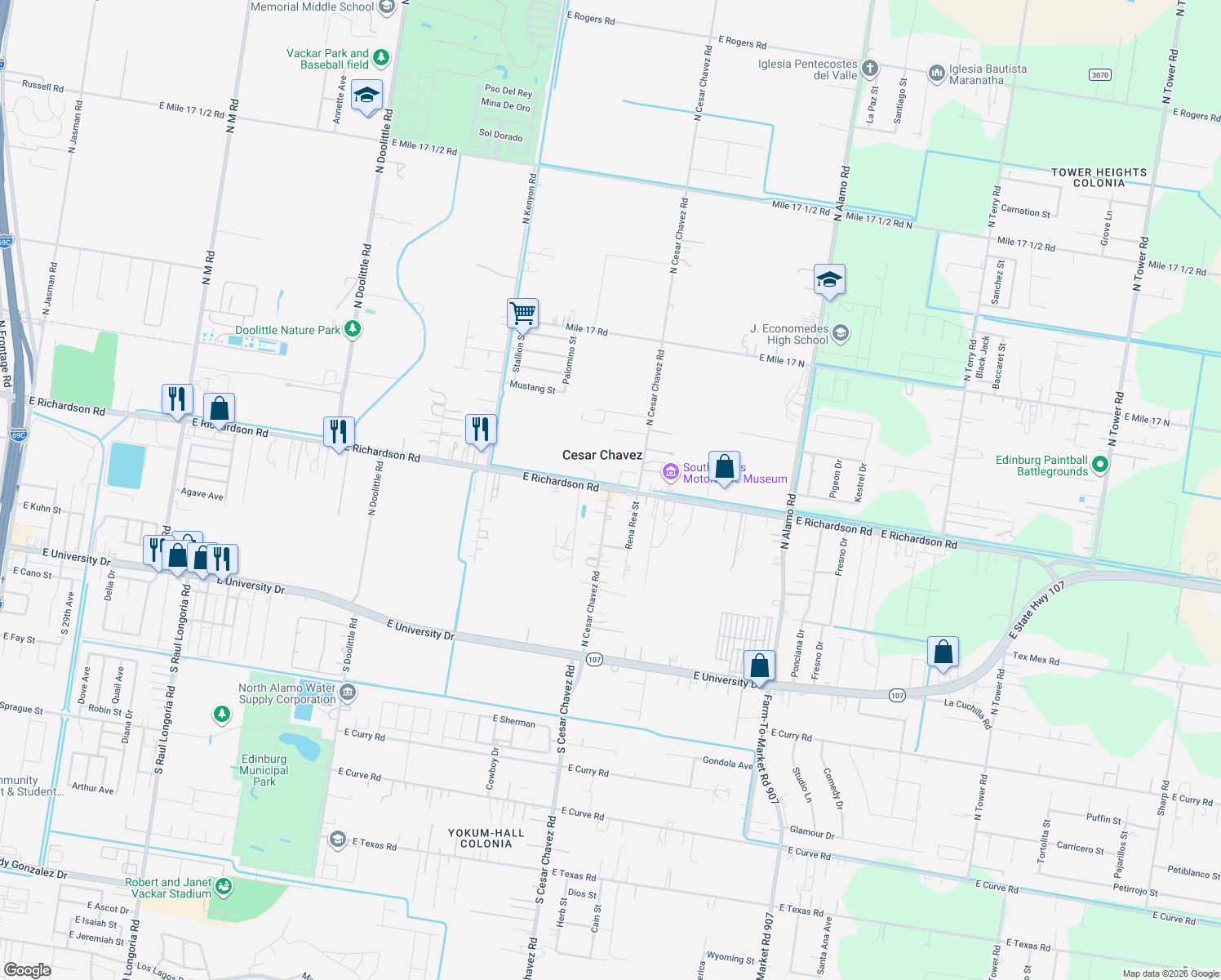 map of restaurants, bars, coffee shops, grocery stores, and more near 1010 North Cesar Chavez Drive in Edinburg