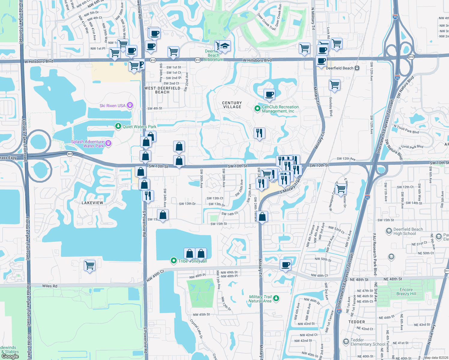 map of restaurants, bars, coffee shops, grocery stores, and more near 2937 Southwest 11th Place in Deerfield Beach