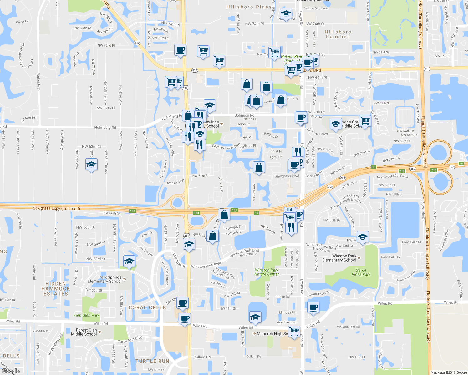 map of restaurants, bars, coffee shops, grocery stores, and more near 5852 Eagle Cay Terrace in Coconut Creek