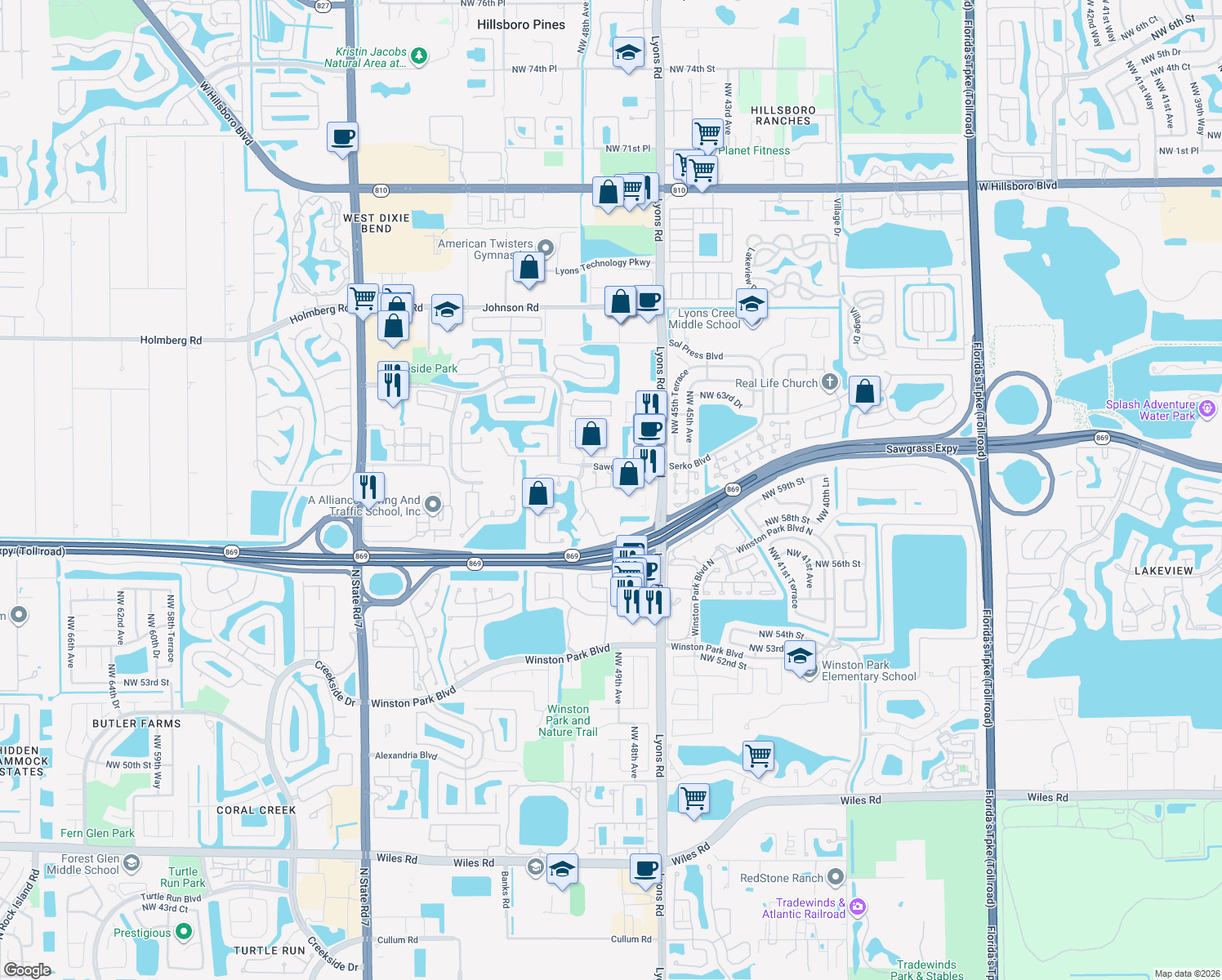 map of restaurants, bars, coffee shops, grocery stores, and more near 4702 Northwest 59th Manor in Coconut Creek