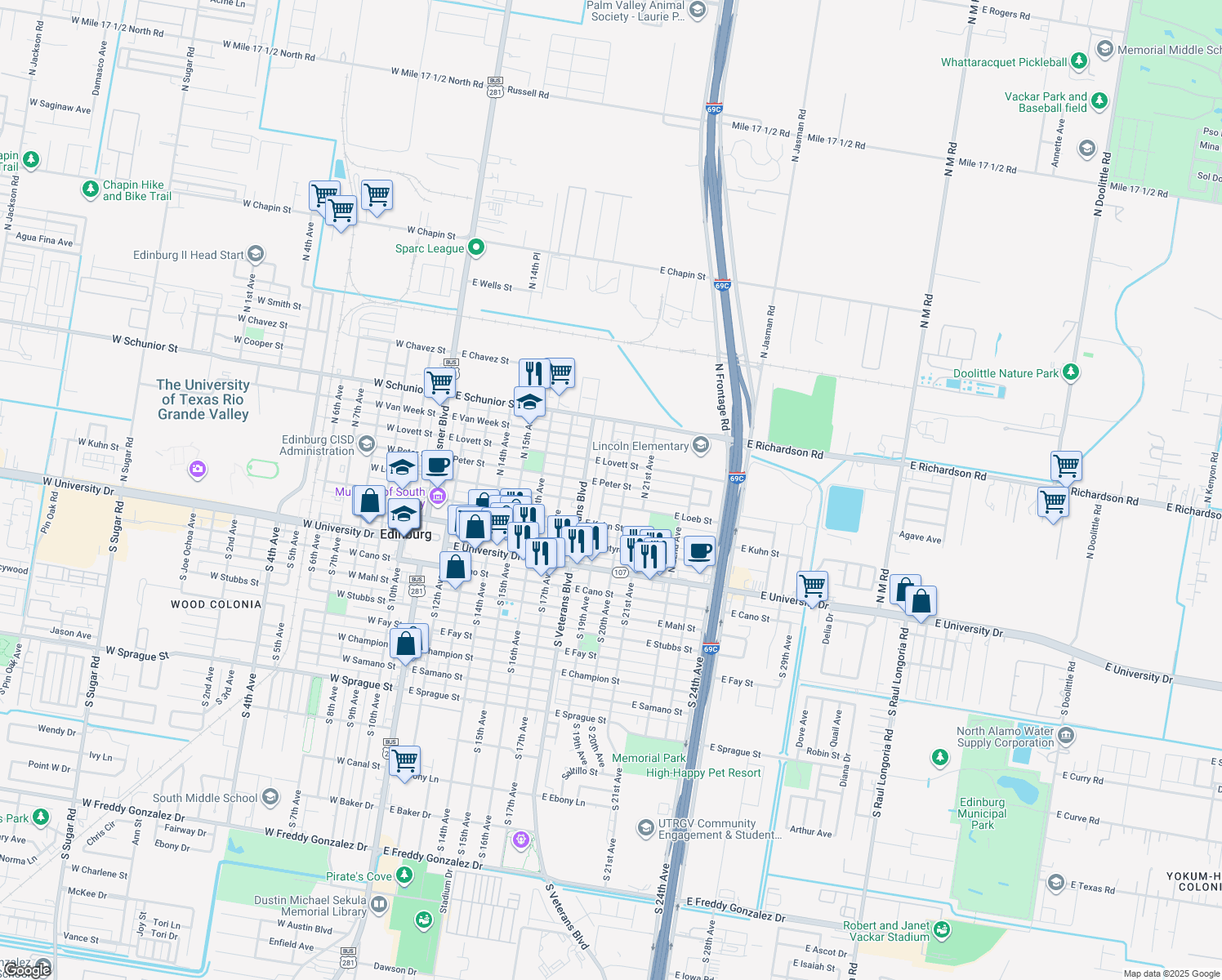 map of restaurants, bars, coffee shops, grocery stores, and more near 906 E Peter St in Edinburg