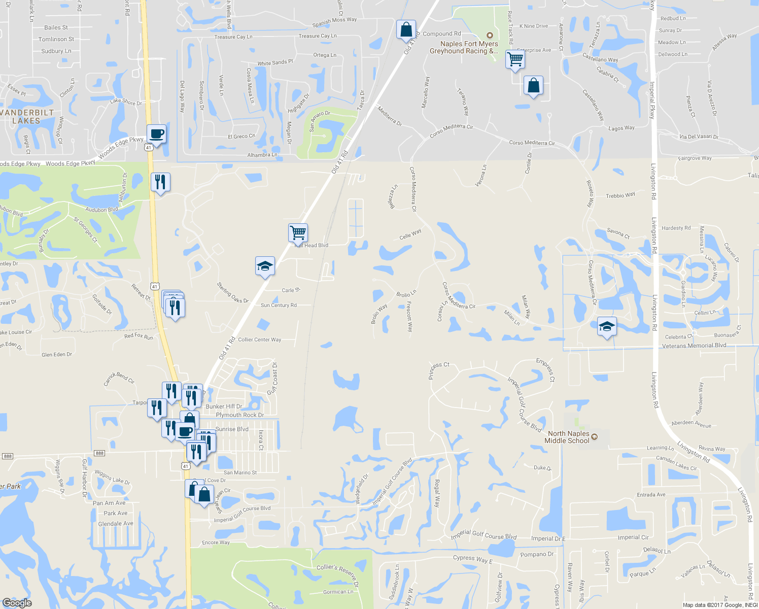 map of restaurants, bars, coffee shops, grocery stores, and more near 15183 Brolio Way in Naples