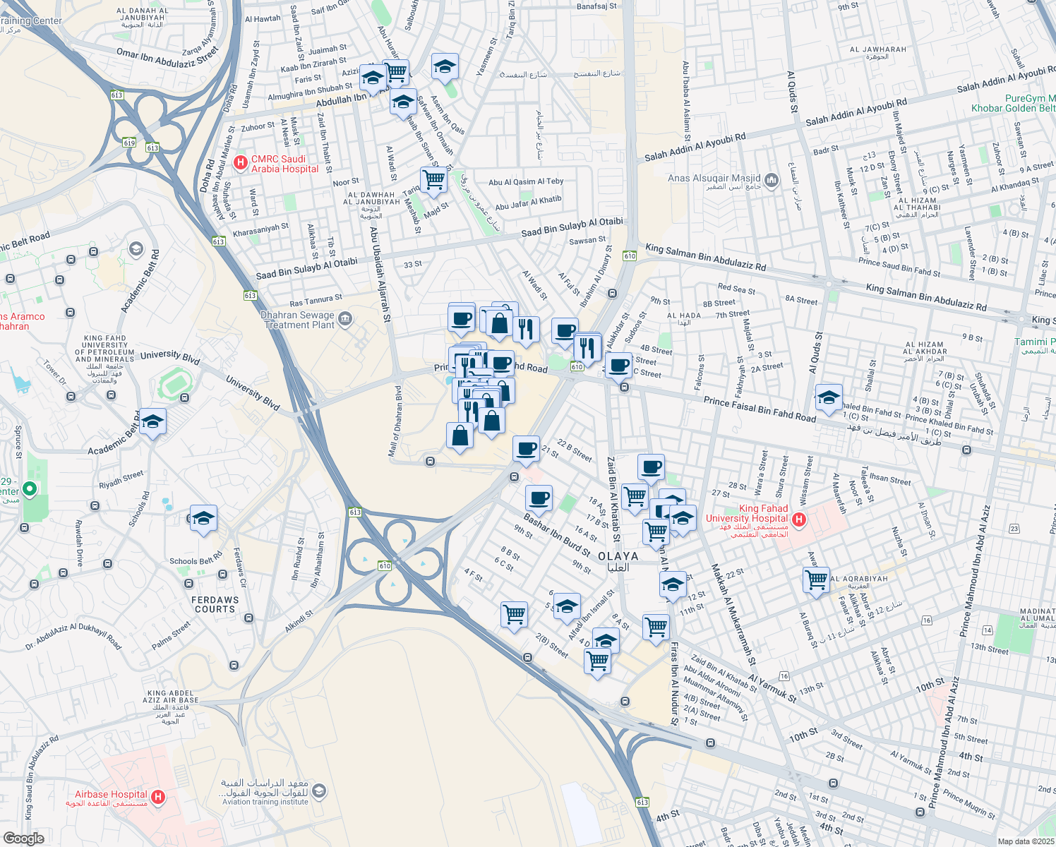 map of restaurants, bars, coffee shops, grocery stores, and more near Mall of Dhahran Boulevard in Dhahran