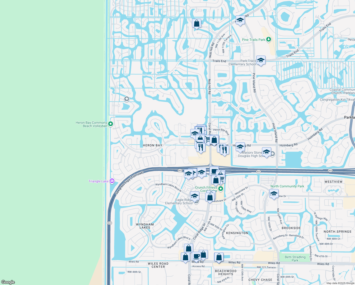 map of restaurants, bars, coffee shops, grocery stores, and more near 5888 Northwest 120th Avenue in Coral Springs