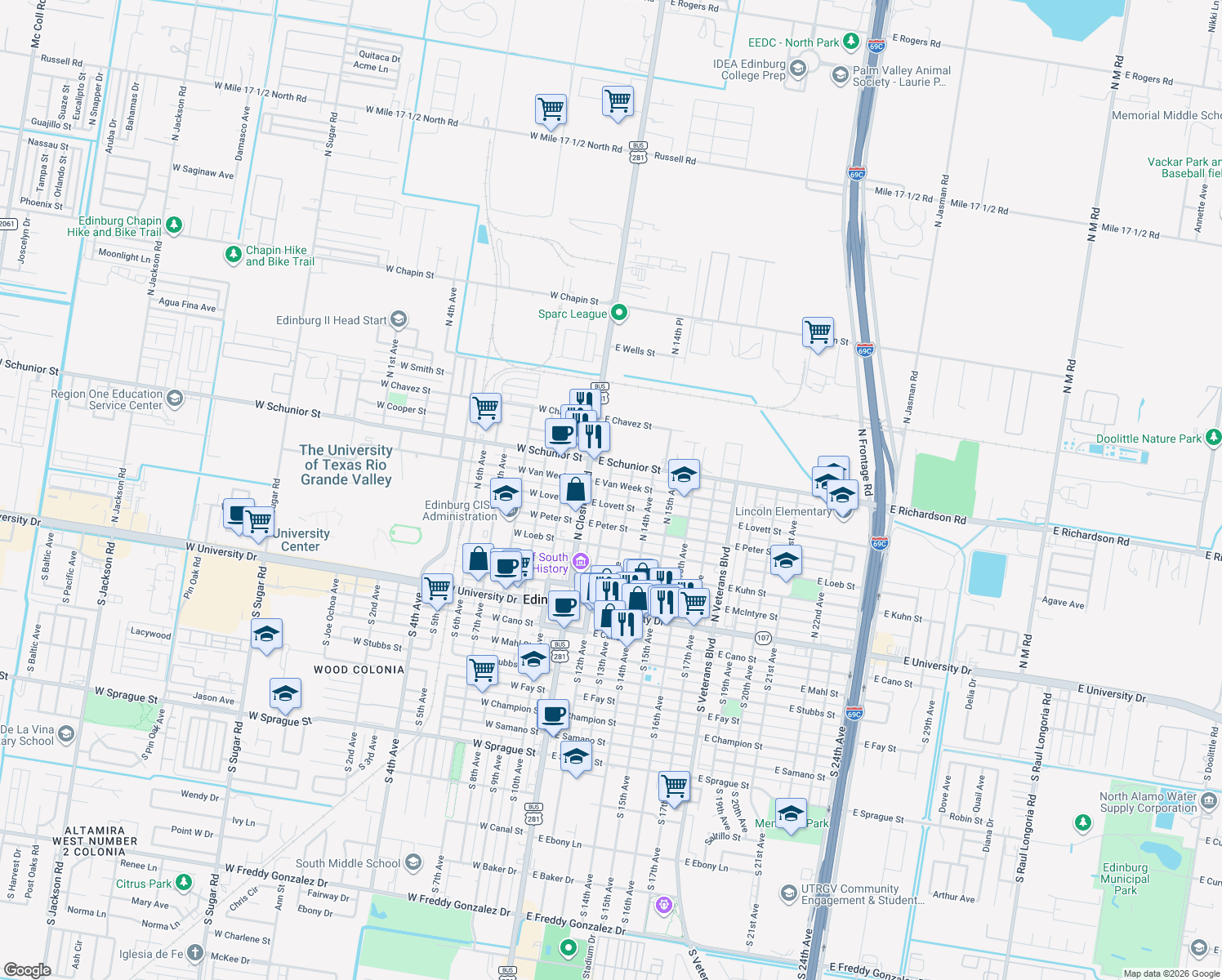 map of restaurants, bars, coffee shops, grocery stores, and more near 202 East Van Week Street in Edinburg