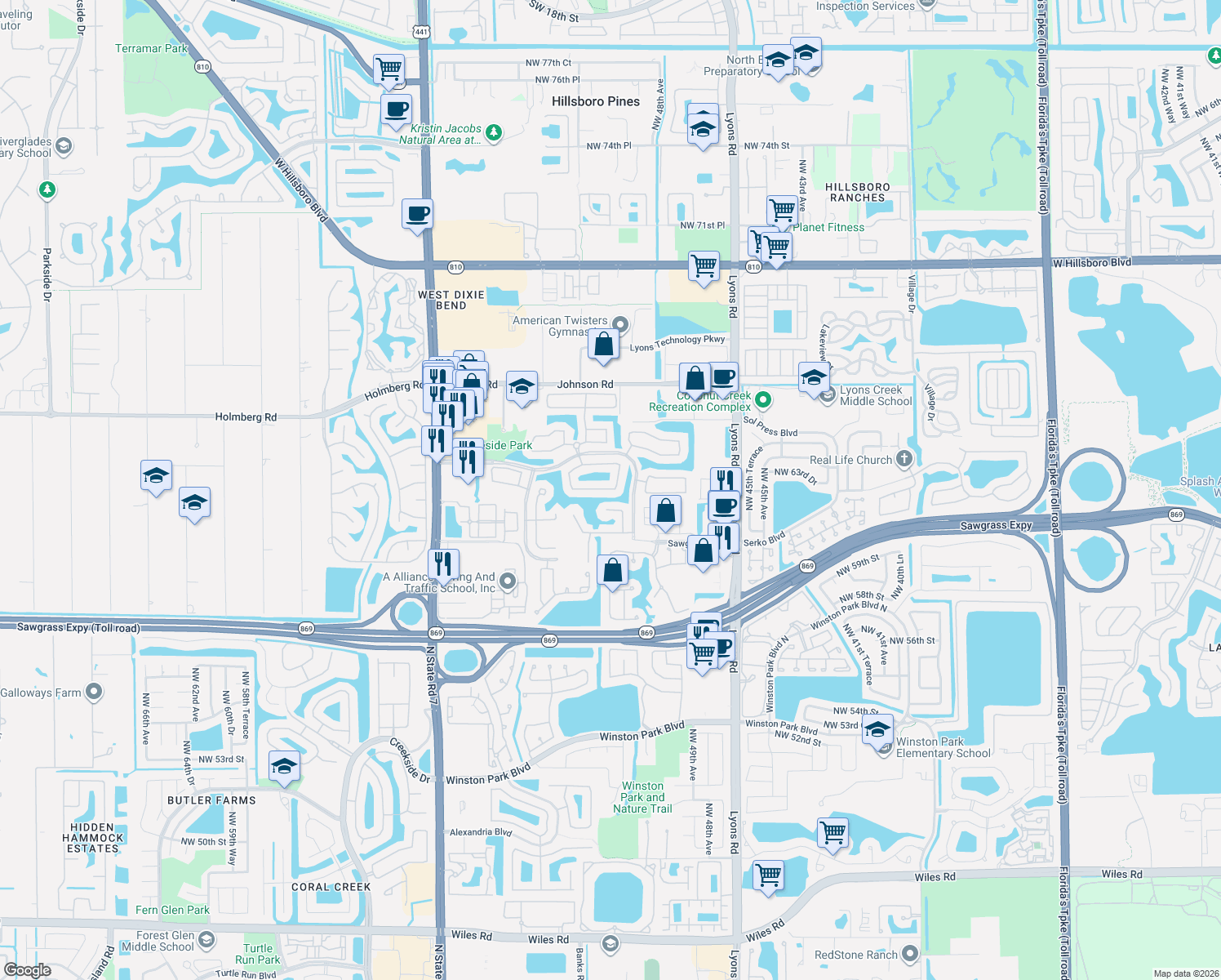 map of restaurants, bars, coffee shops, grocery stores, and more near 5006 Mallards Court in Coconut Creek