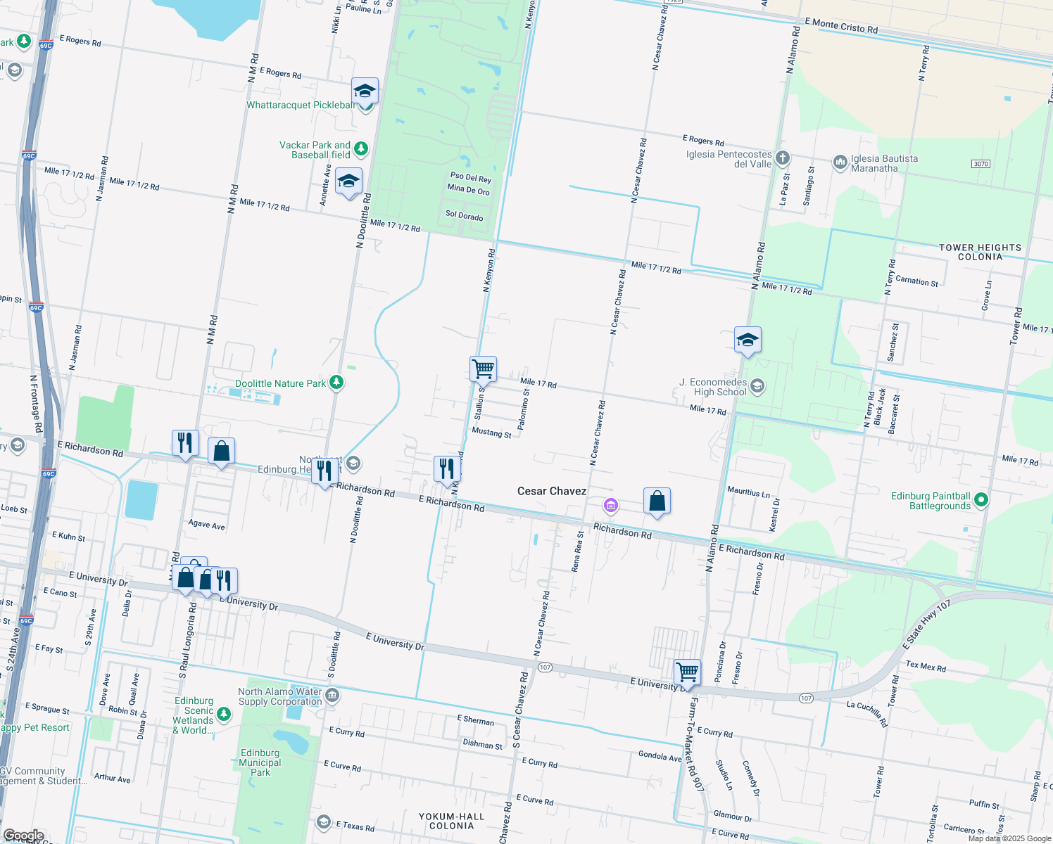 map of restaurants, bars, coffee shops, grocery stores, and more near 1304 Palomino St in Edinburg