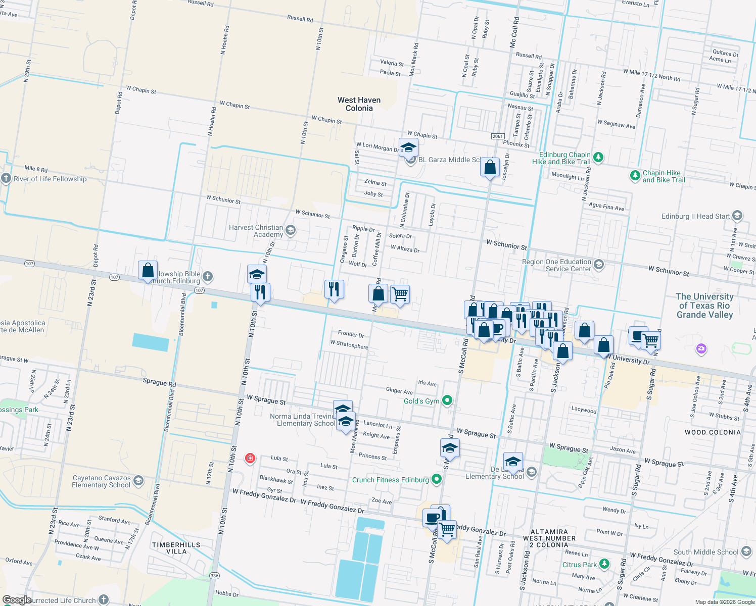 map of restaurants, bars, coffee shops, grocery stores, and more near 3520 West Mill Wood Street in Edinburg