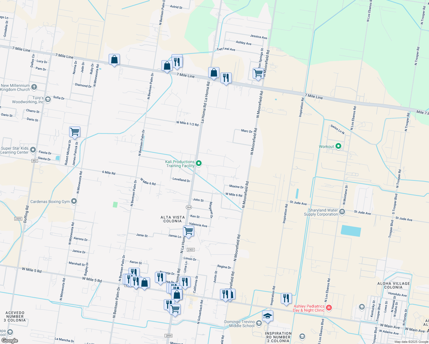 map of restaurants, bars, coffee shops, grocery stores, and more near 2608 Venecia Drive in Mission
