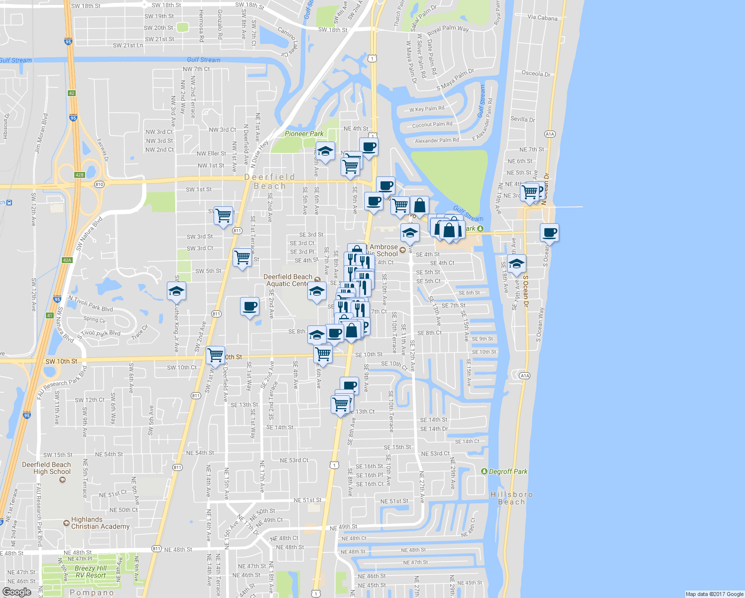 map of restaurants, bars, coffee shops, grocery stores, and more near 937 Southeast 7th Street in Deerfield Beach