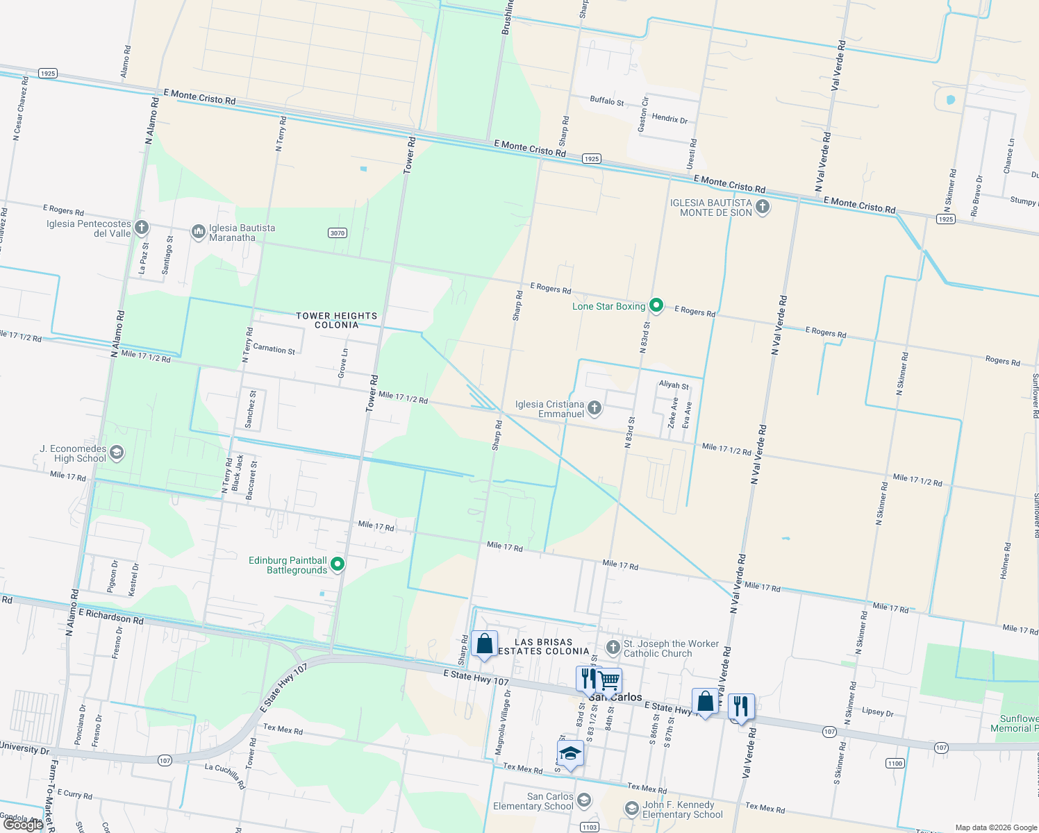 map of restaurants, bars, coffee shops, grocery stores, and more near Mile 17 1/2 Rd in Edinburg