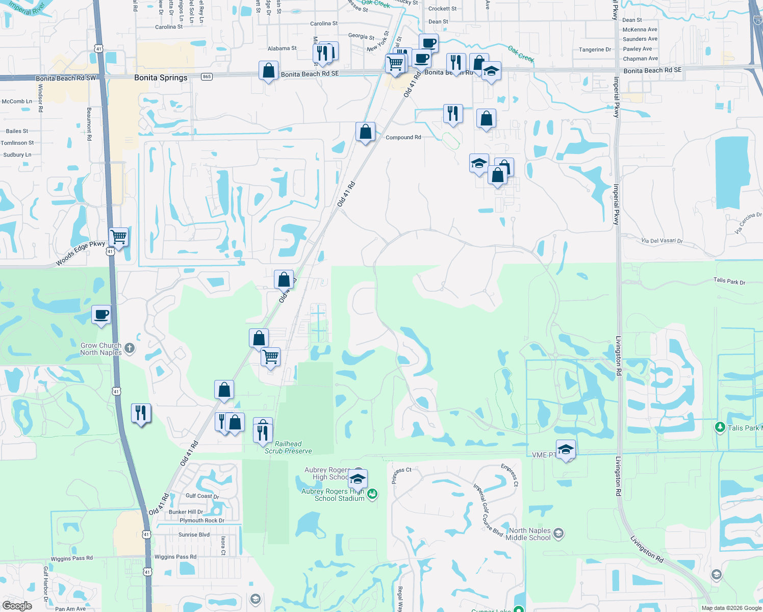 map of restaurants, bars, coffee shops, grocery stores, and more near 14801 Corso Mediterra Circle in Naples