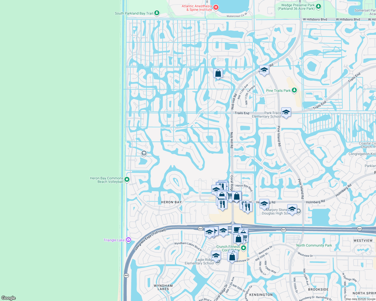 map of restaurants, bars, coffee shops, grocery stores, and more near 6775 Northwest 122nd Avenue in Parkland