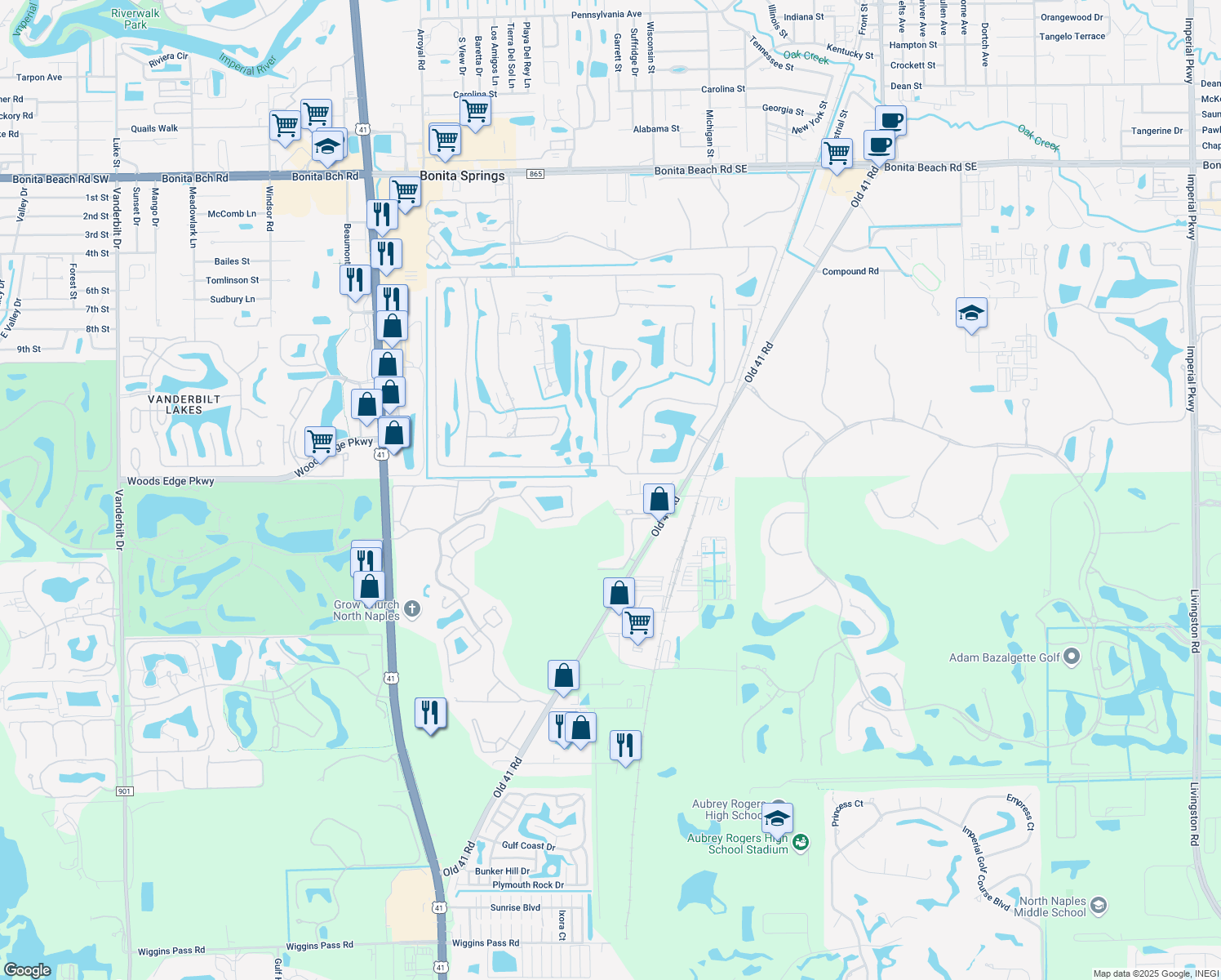 map of restaurants, bars, coffee shops, grocery stores, and more near 16160 Performance Way in Naples