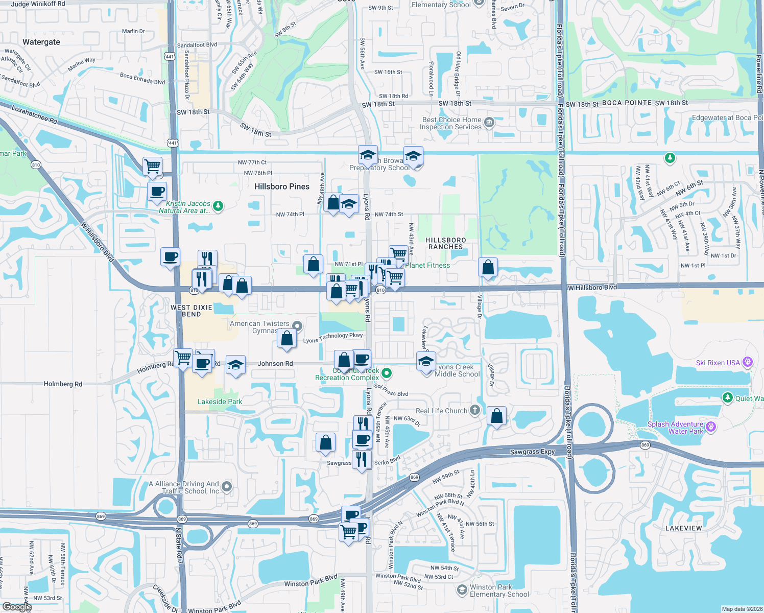 map of restaurants, bars, coffee shops, grocery stores, and more near 4530 Northwest 69th Court in Coconut Creek